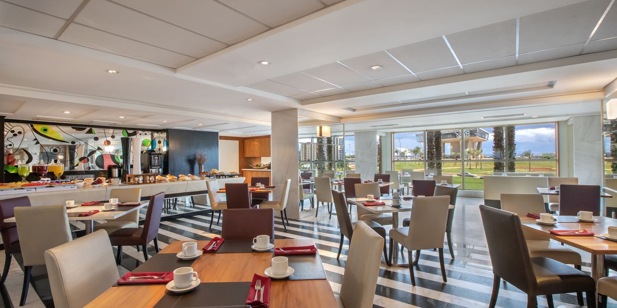 a room with tables and chairs