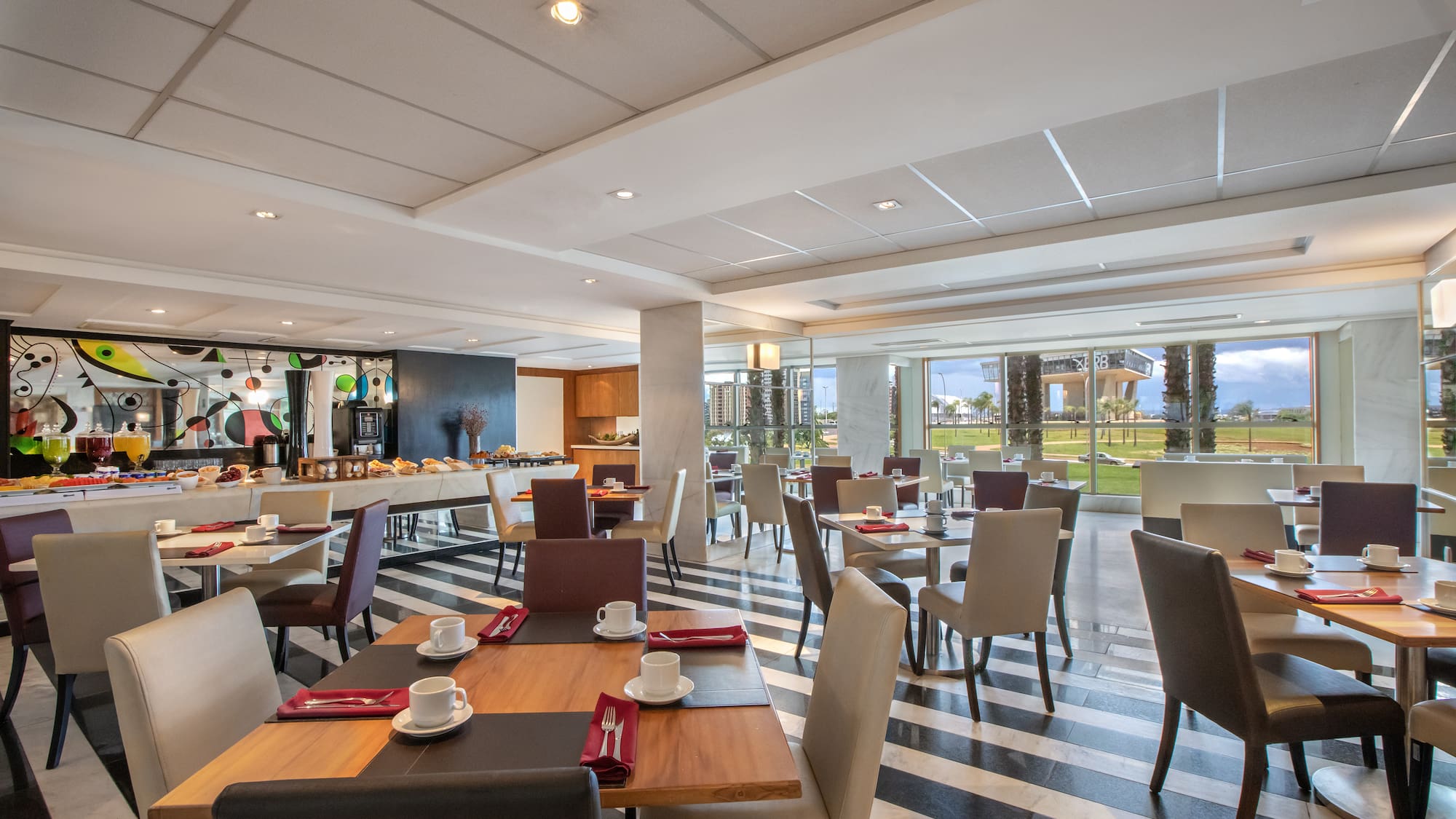 a room with tables and chairs