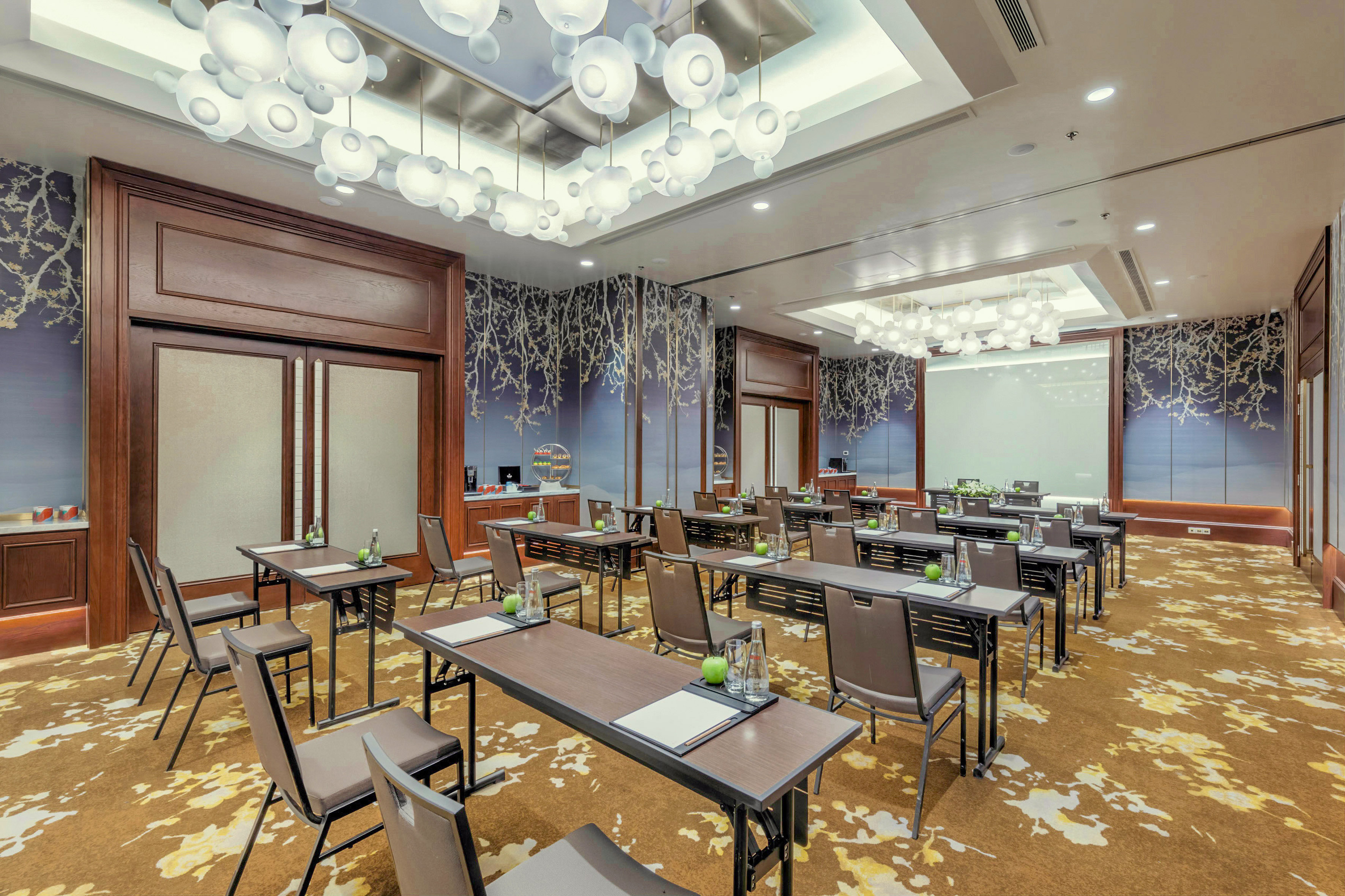 a room with tables and chairs