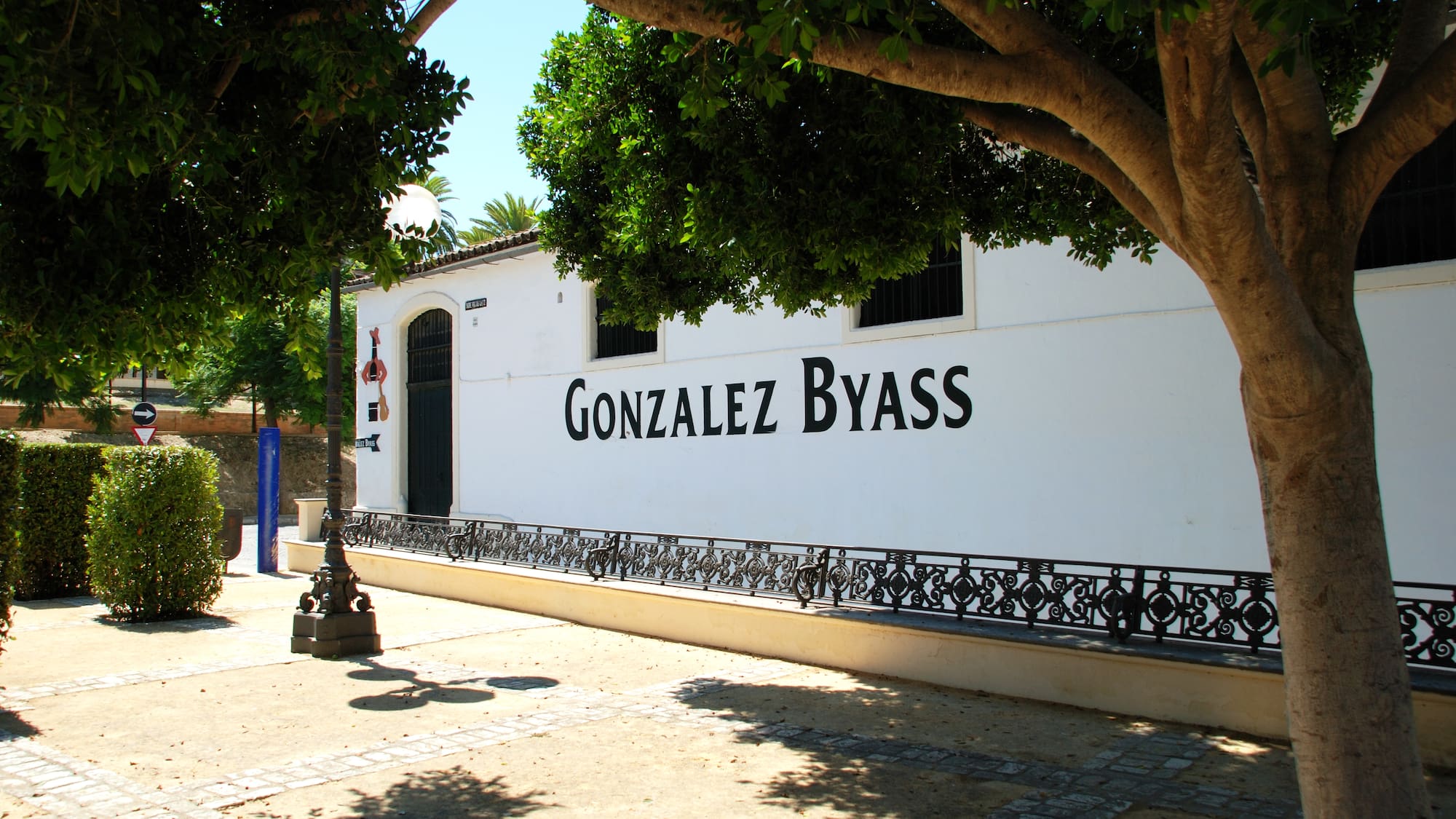 a white building with black text on it
