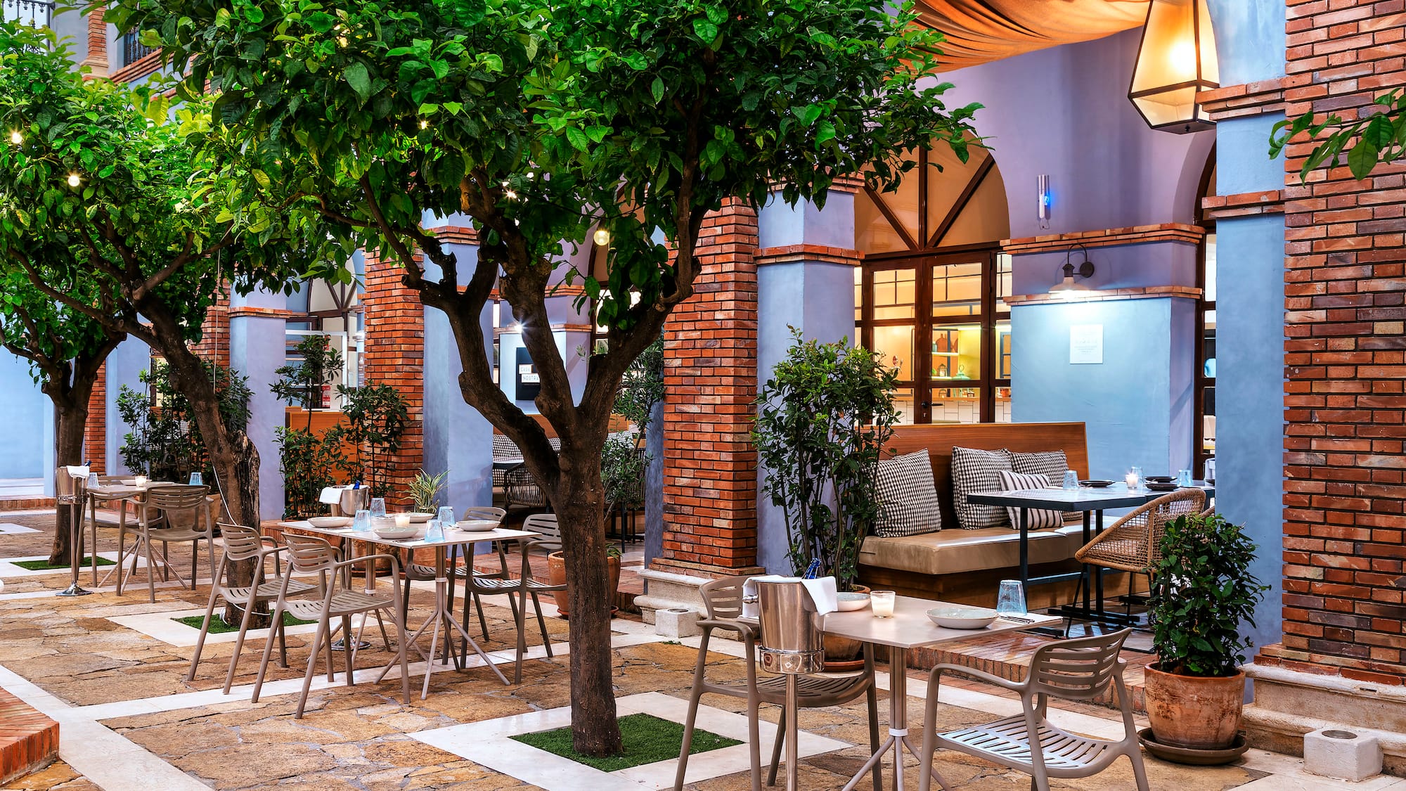a patio with tables and chairs and a tree