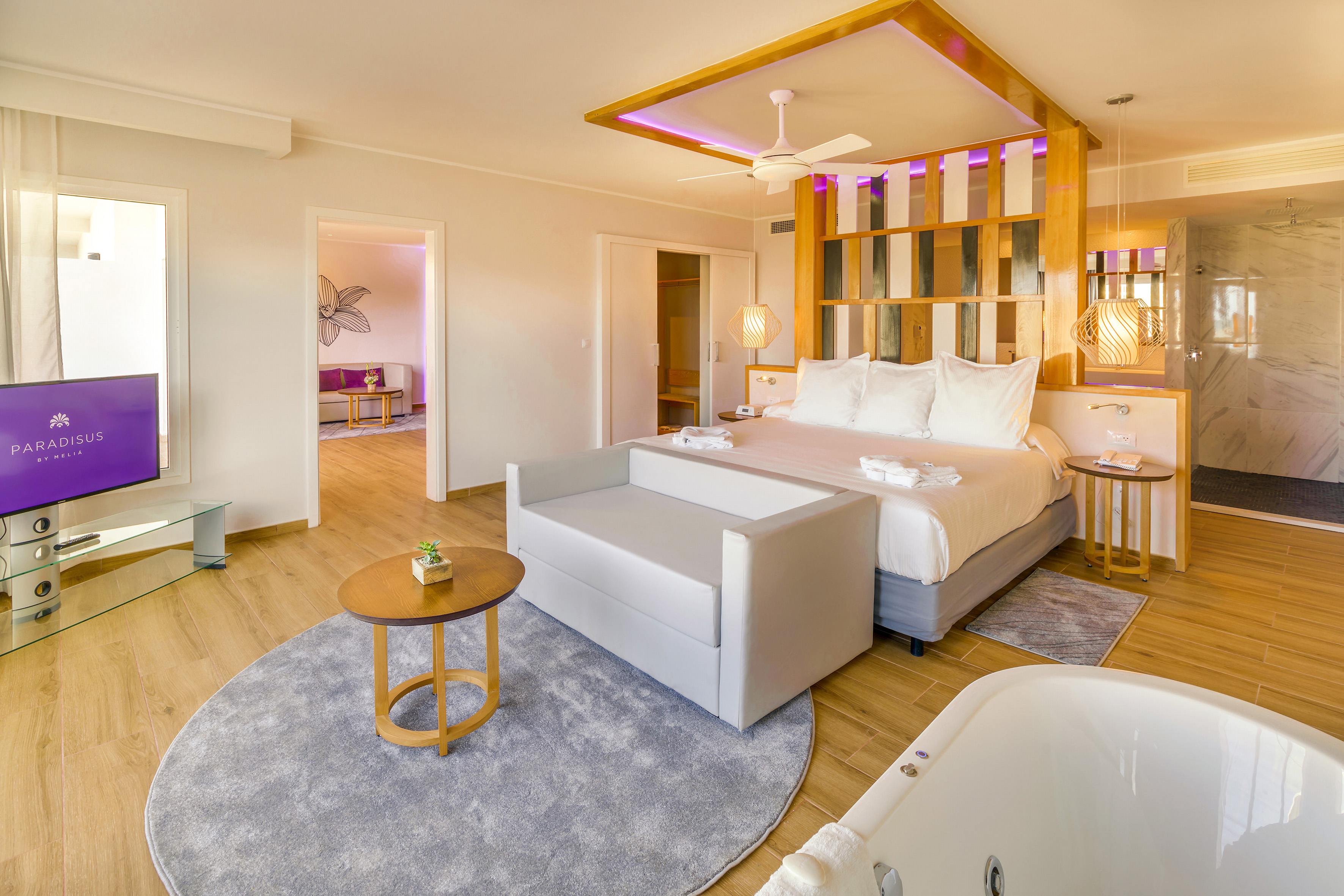 a room with a bed and a tub