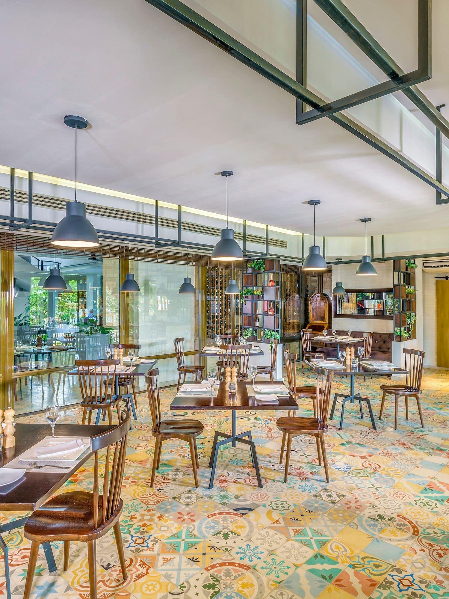 a room with tables and chairs