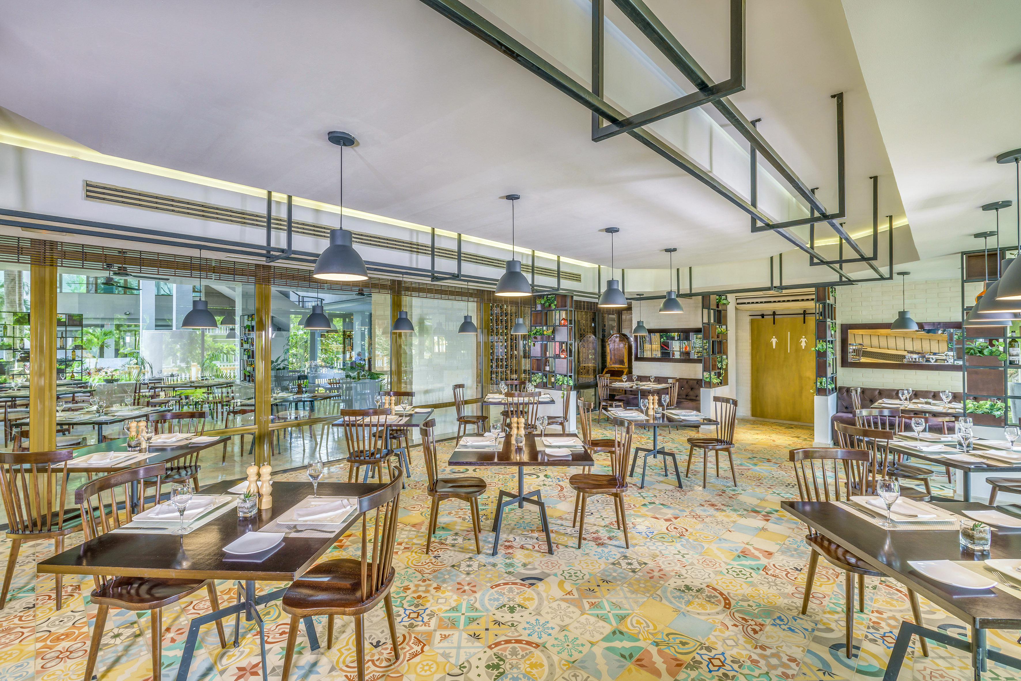 a room with tables and chairs