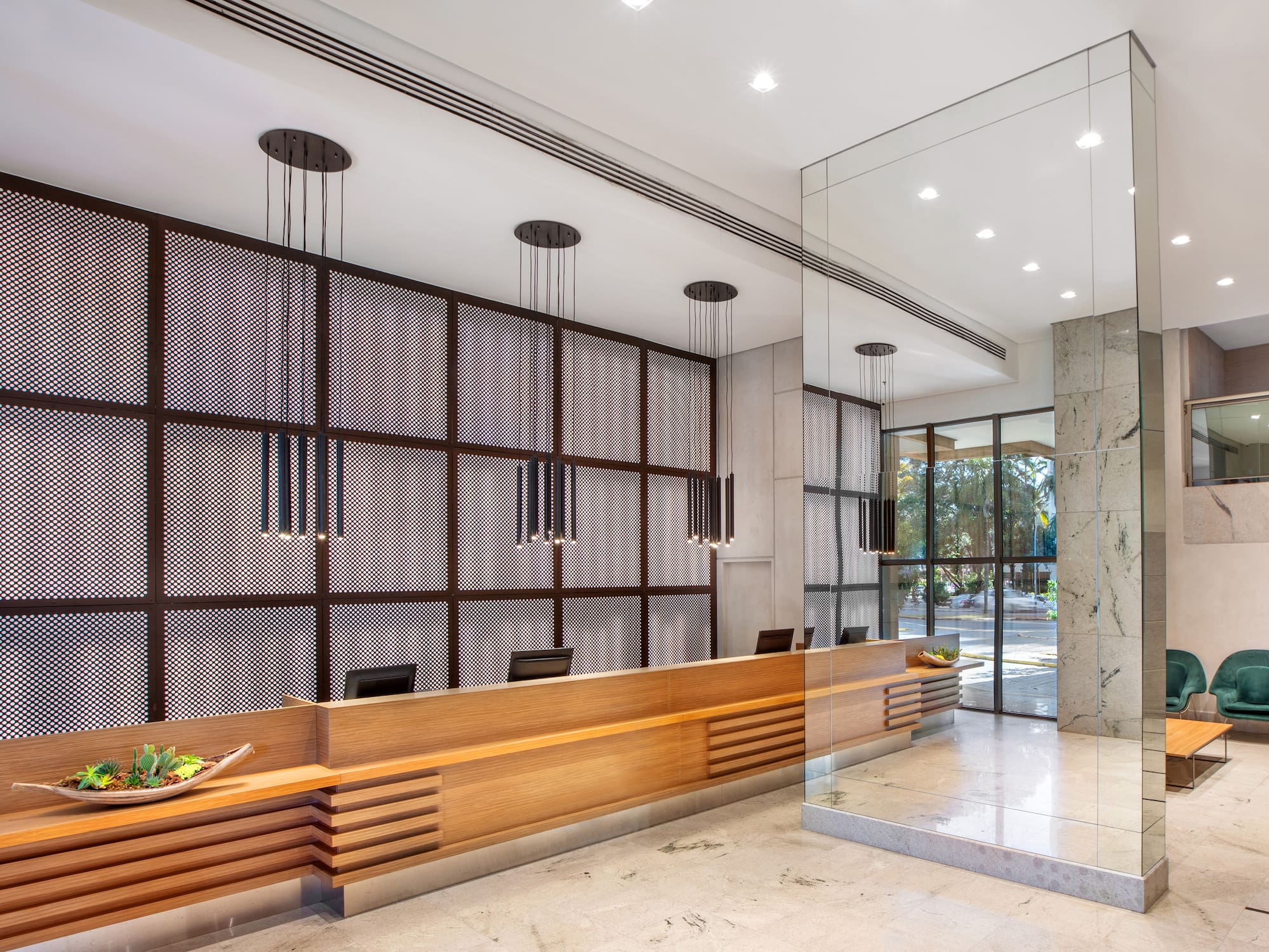 a reception desk in a building