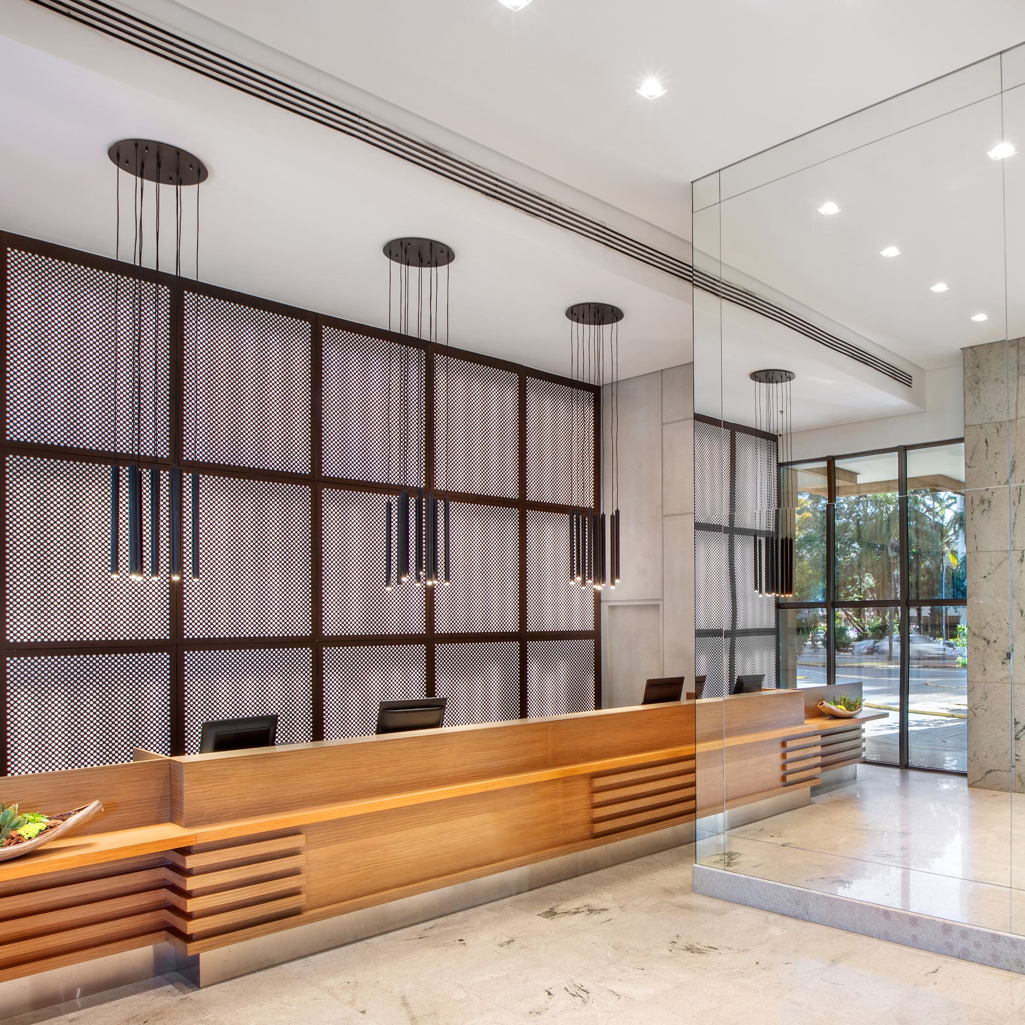 a reception desk in a building
