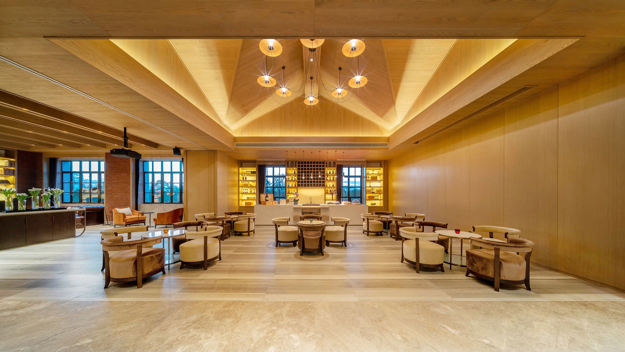 a room with tables and chairs