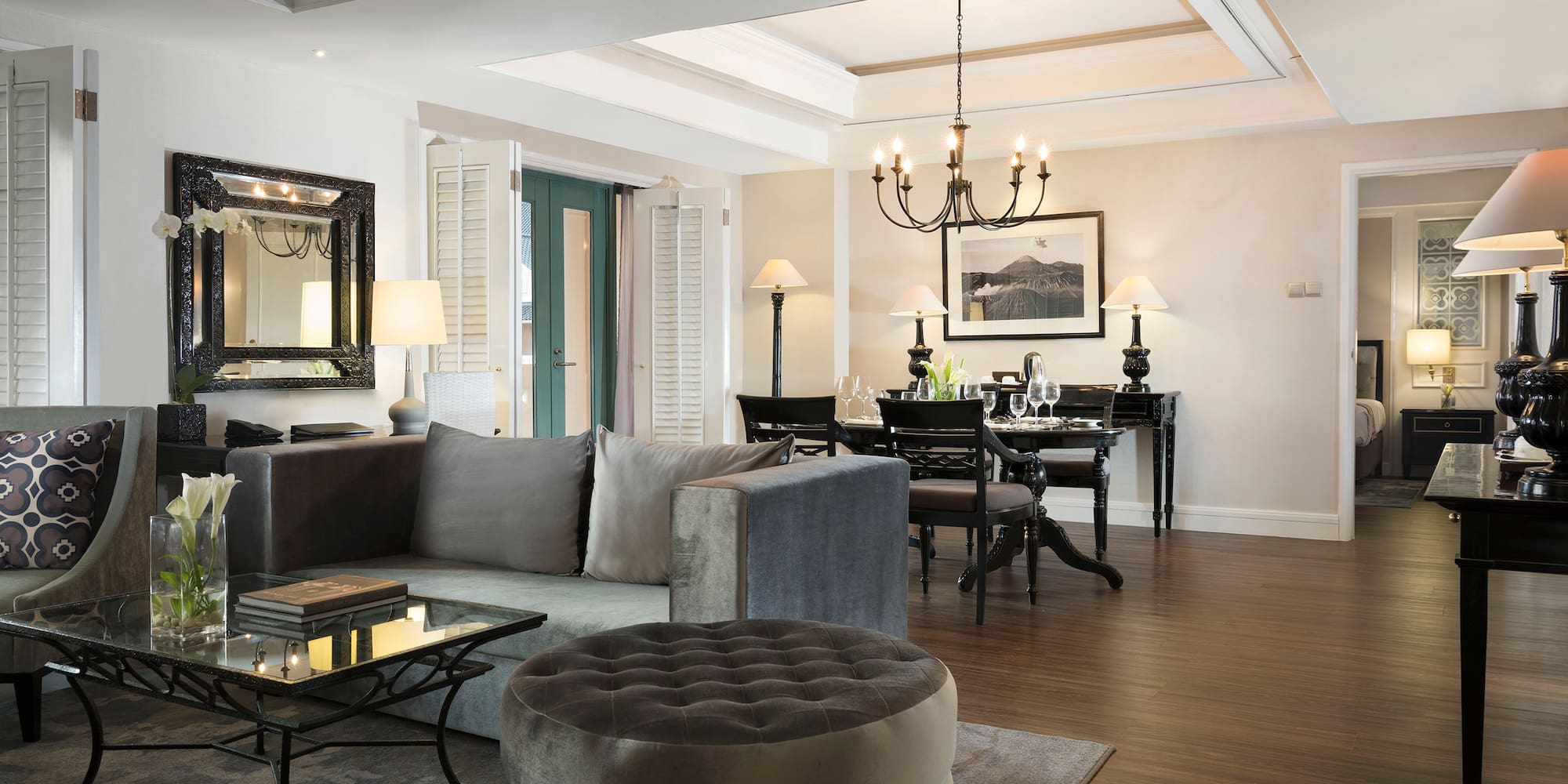 a living room with a couch and a table