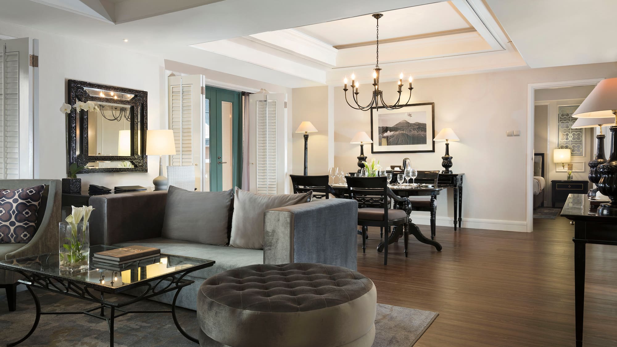 a living room with a couch and a table