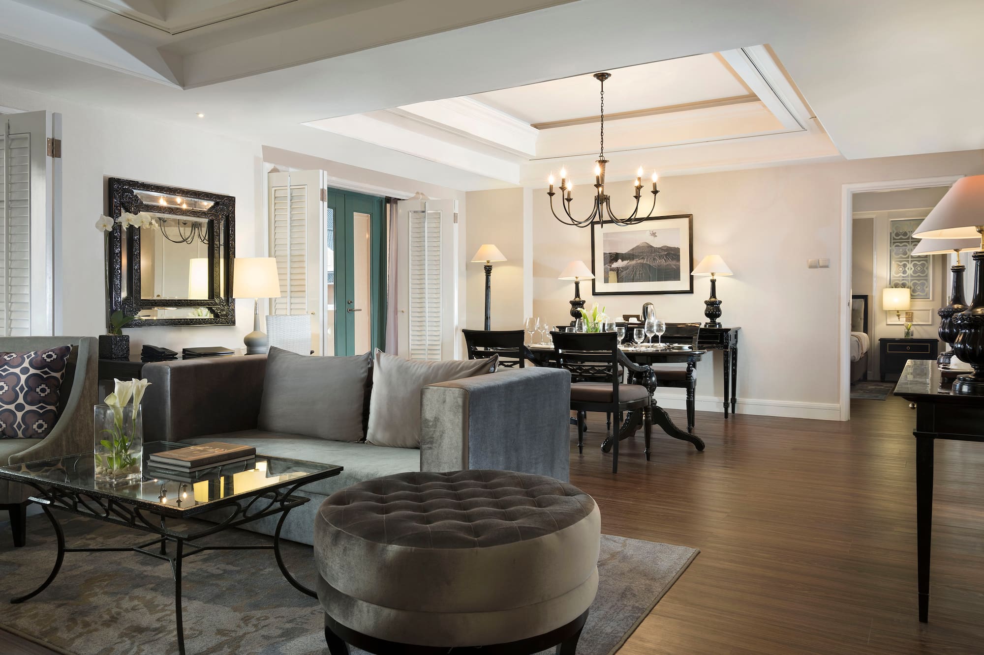 a living room with a couch and a table