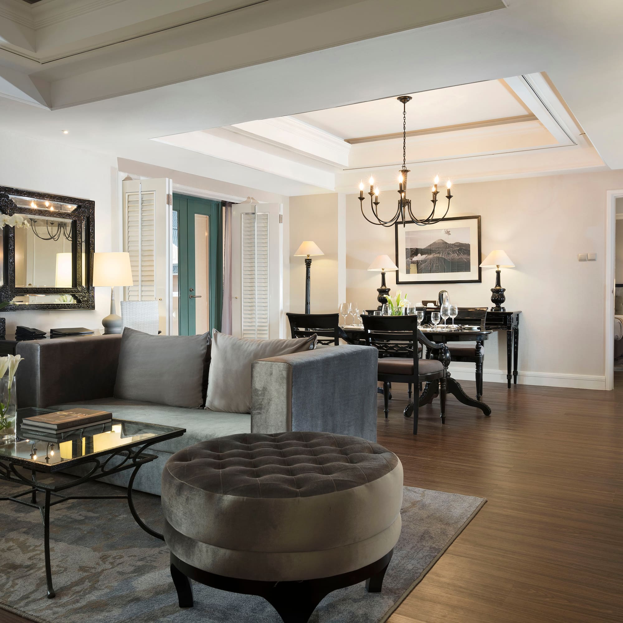 a living room with a couch and a table