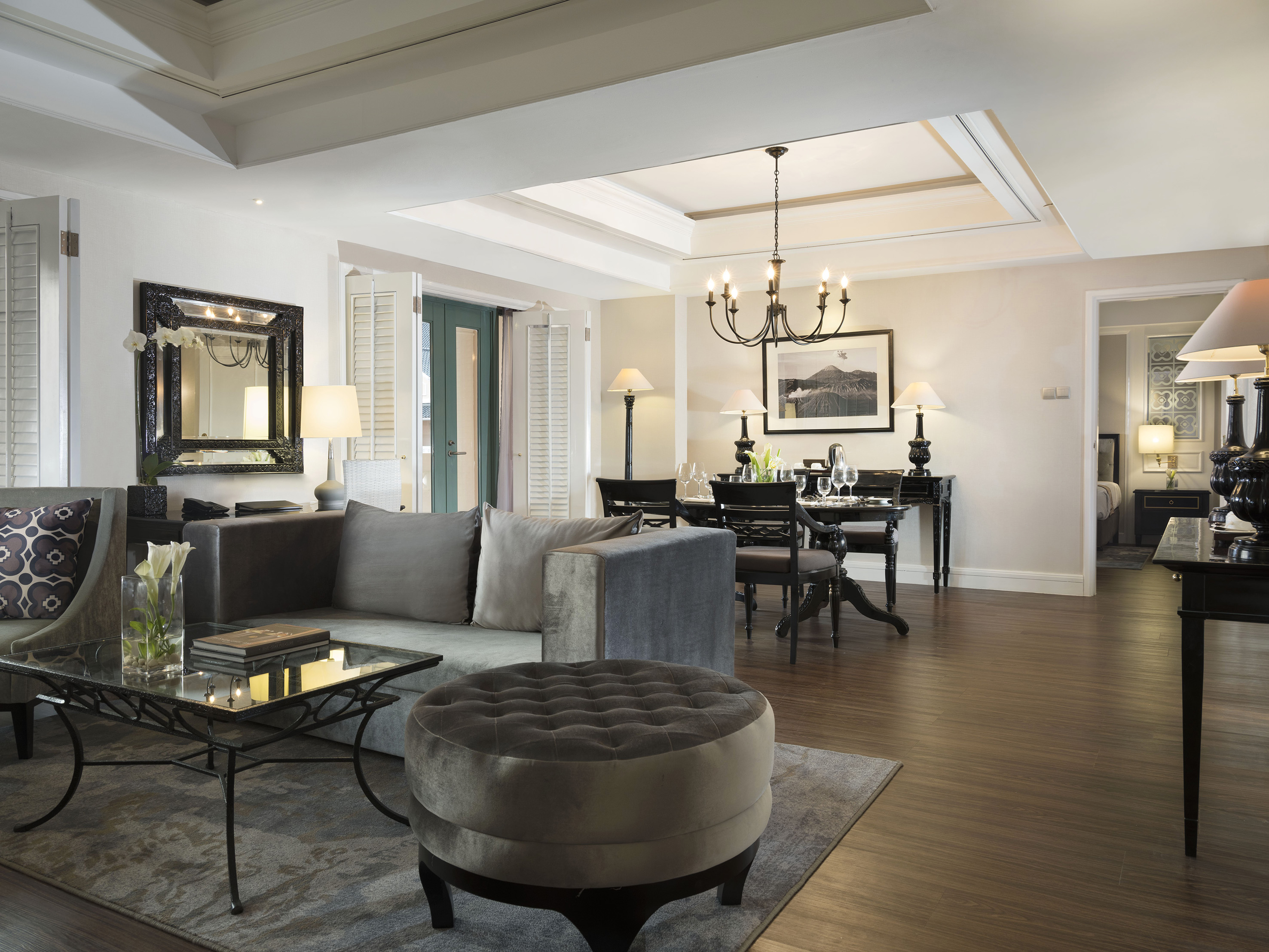 a living room with a couch and a table