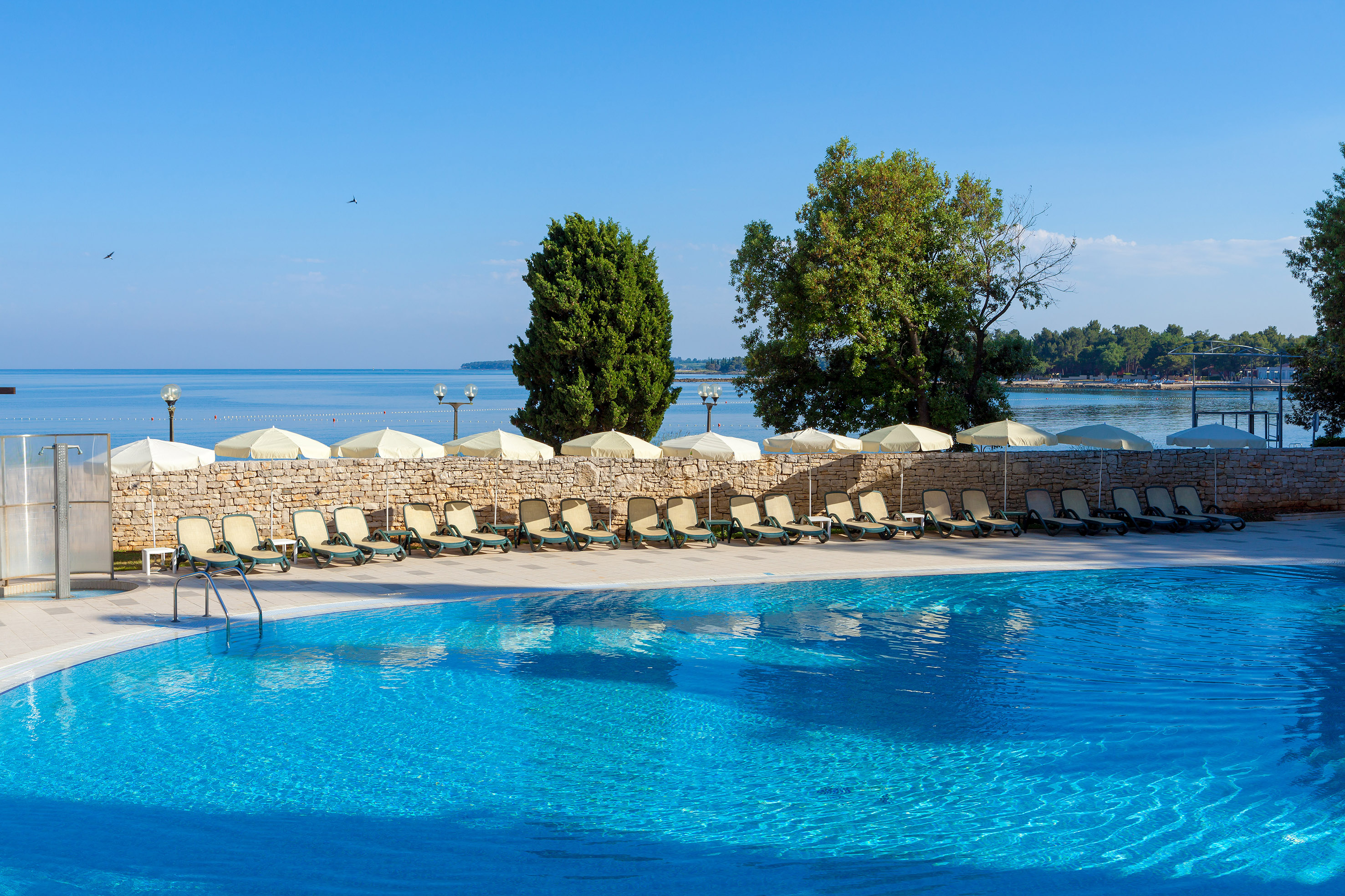 a pool with chairs and umbrellas