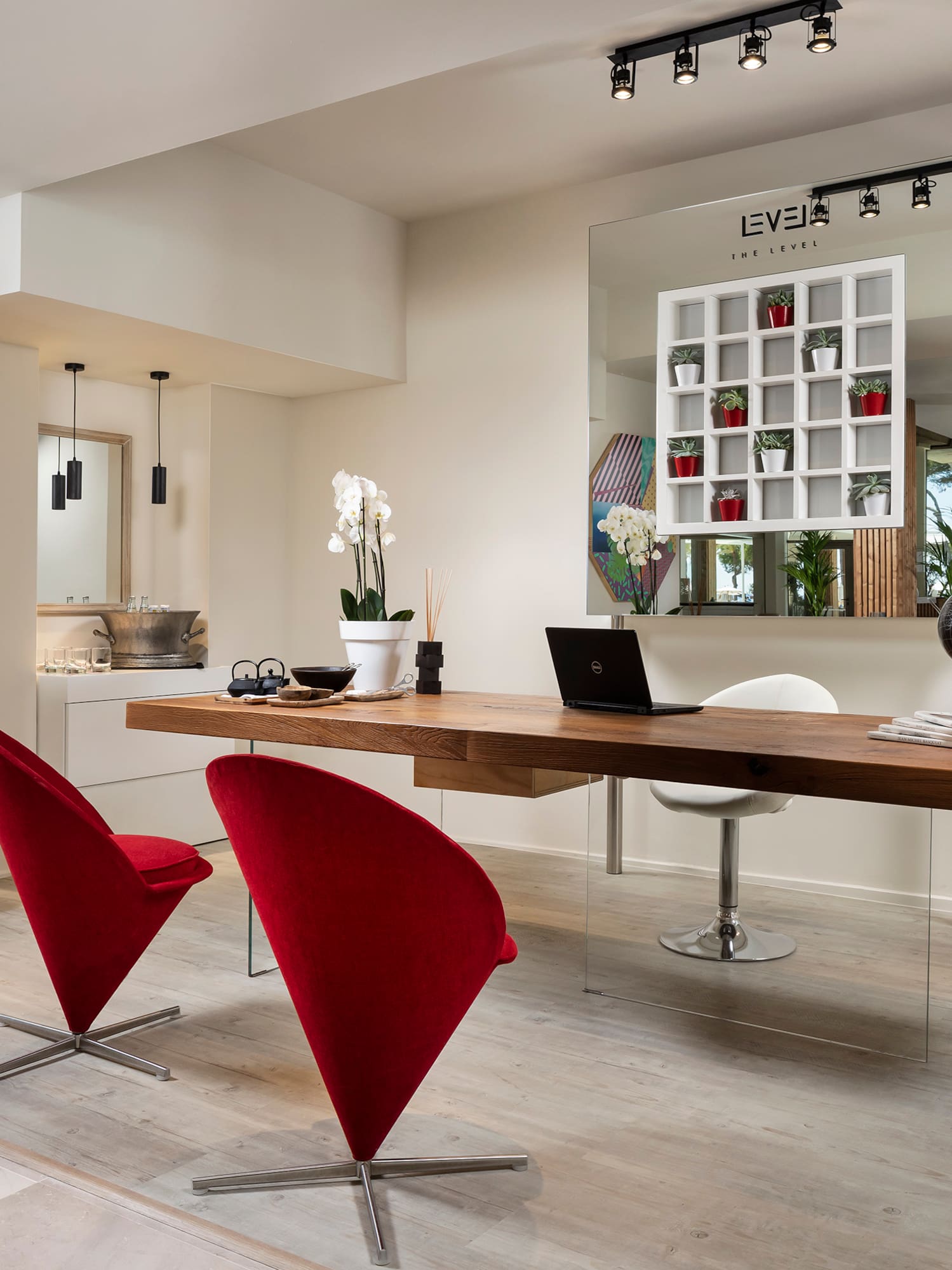 a room with a table and chairs