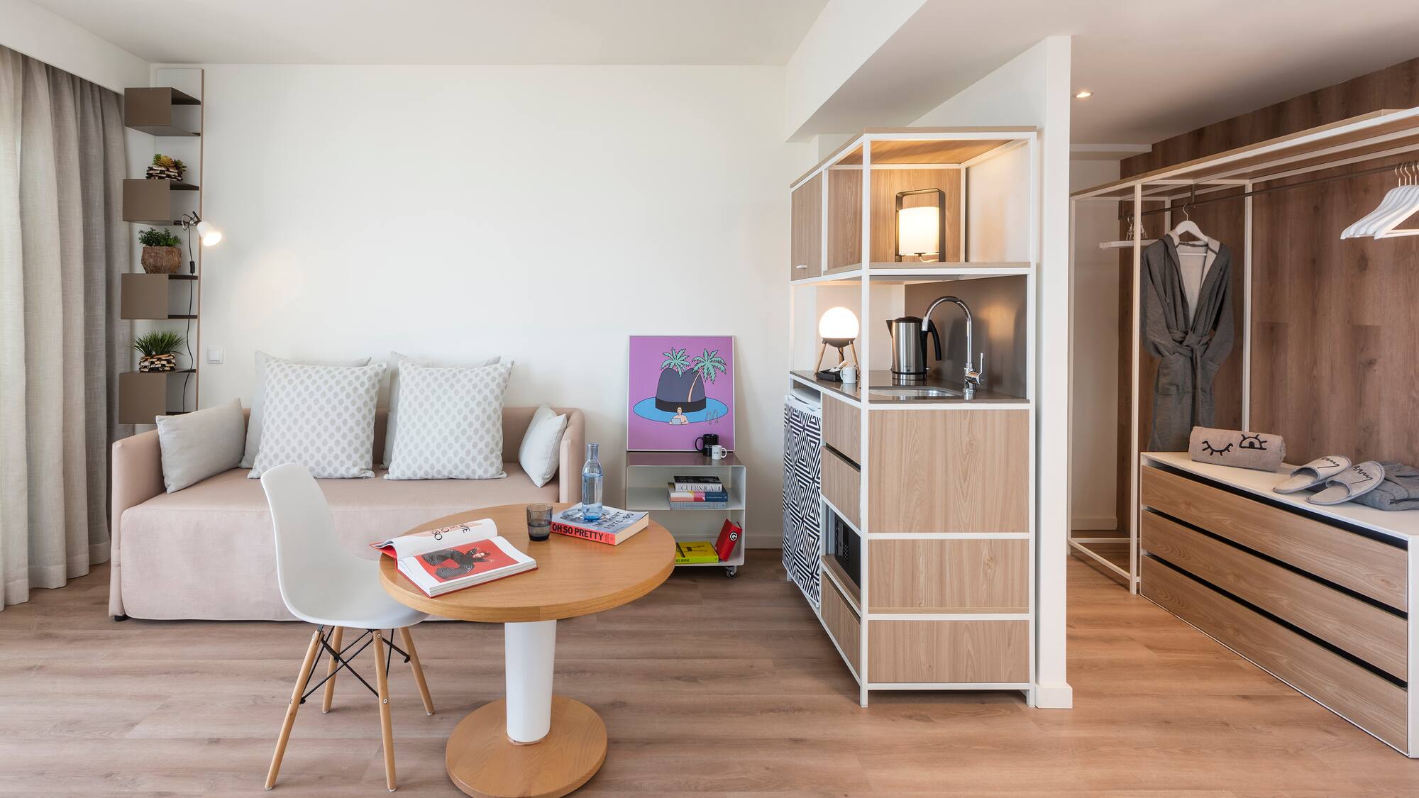 a room with a couch and a table