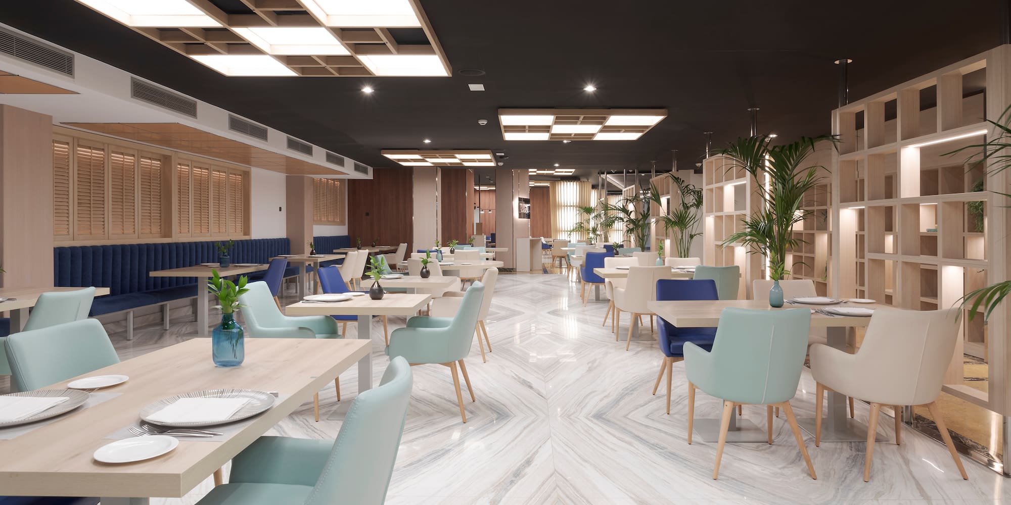 a room with tables and chairs