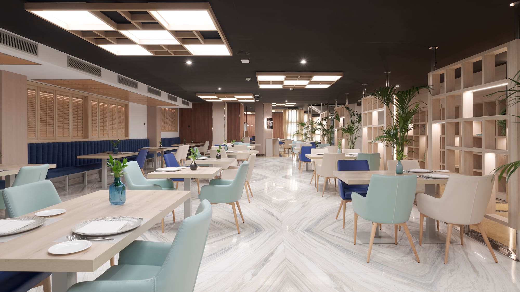 a room with tables and chairs