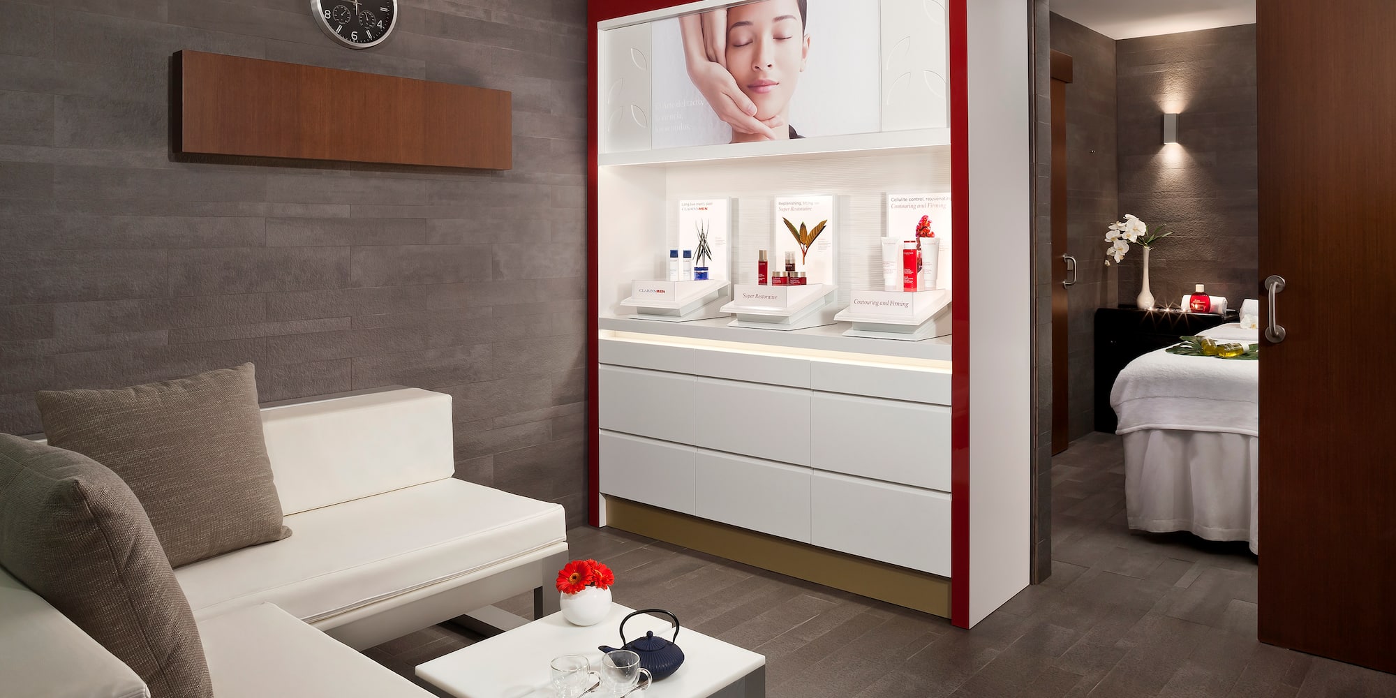 a room with a display of cosmetics