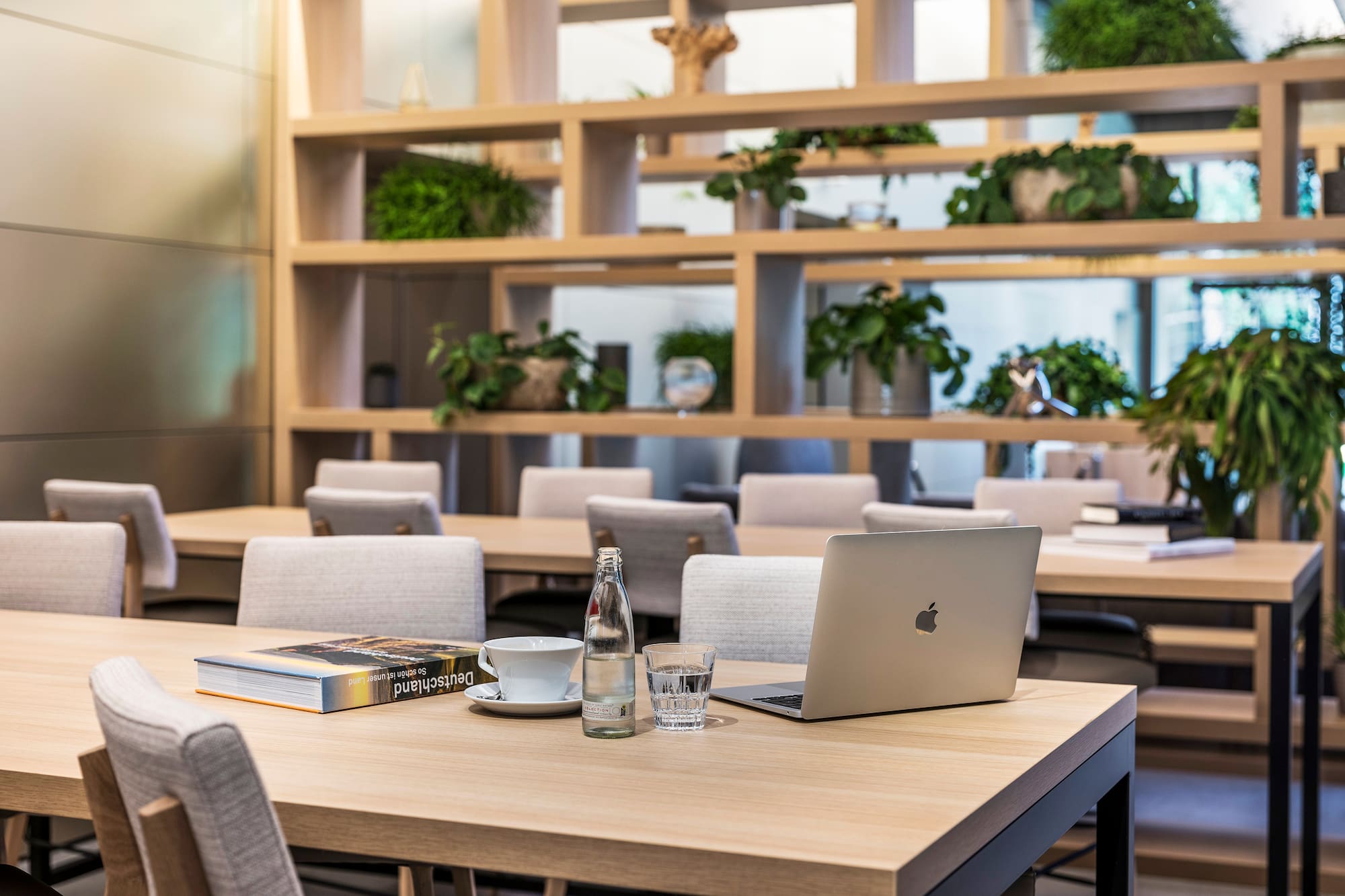 Modern conference room with laptop, coffee, water on wood table, green plants.