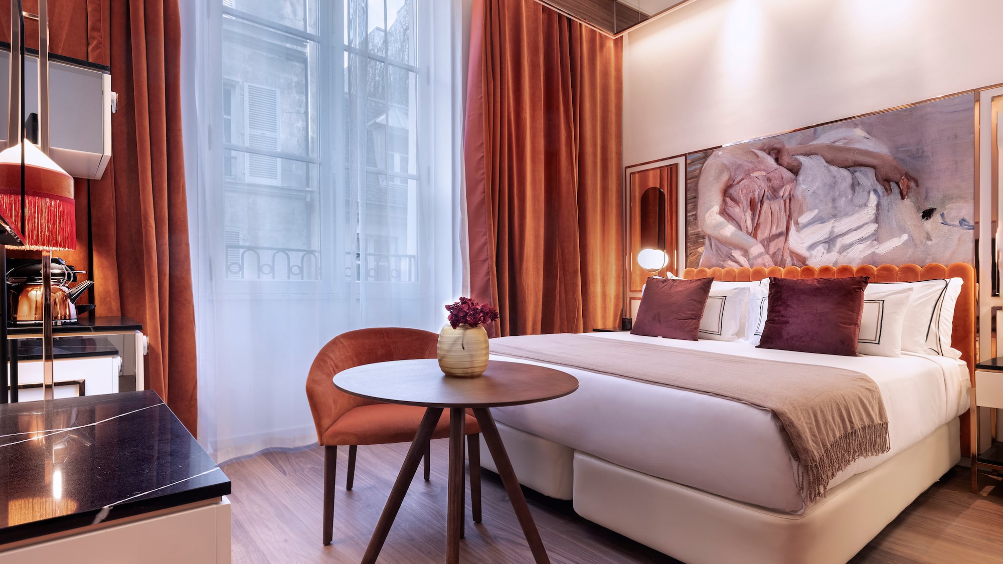 a room with a bed and a table