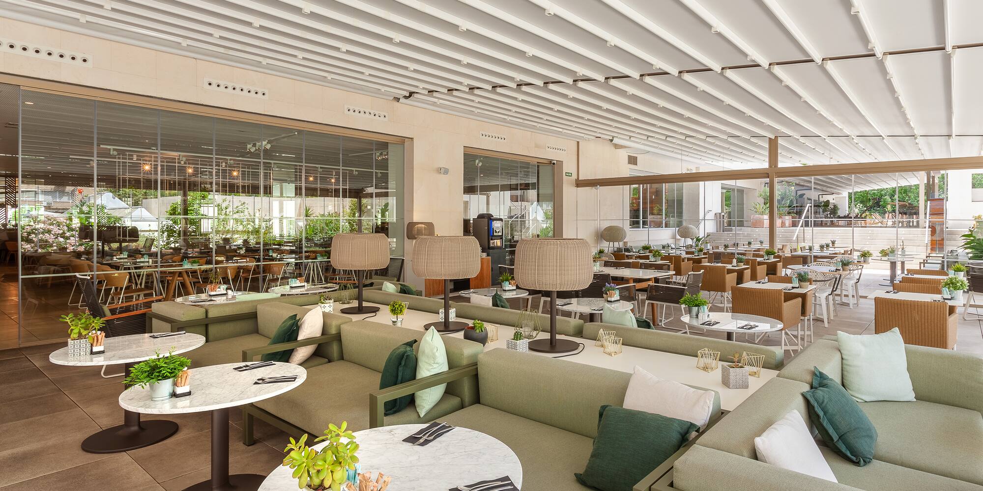 a room with tables and chairs