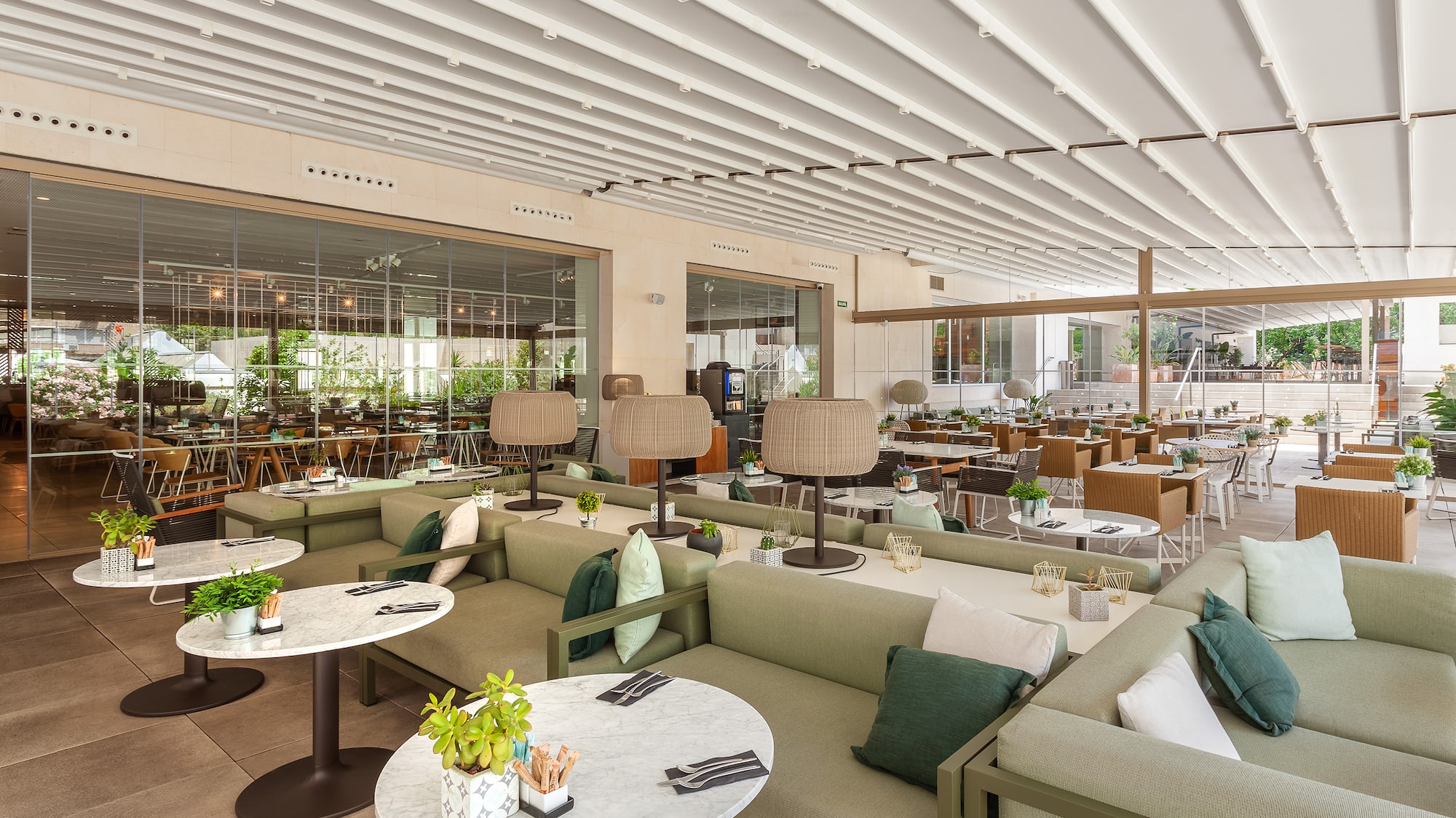 a room with tables and chairs