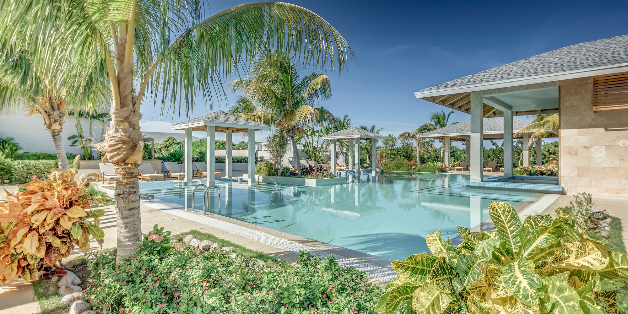 a pool with palm trees and a pool with a deck and chairs