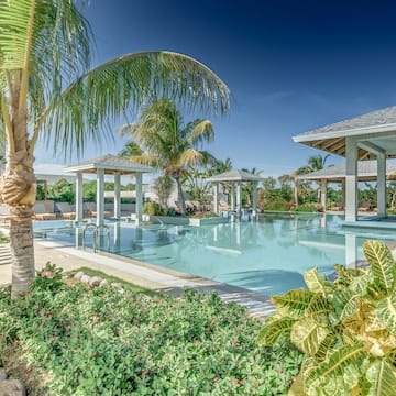 a pool with palm trees and a pool with a deck and chairs
