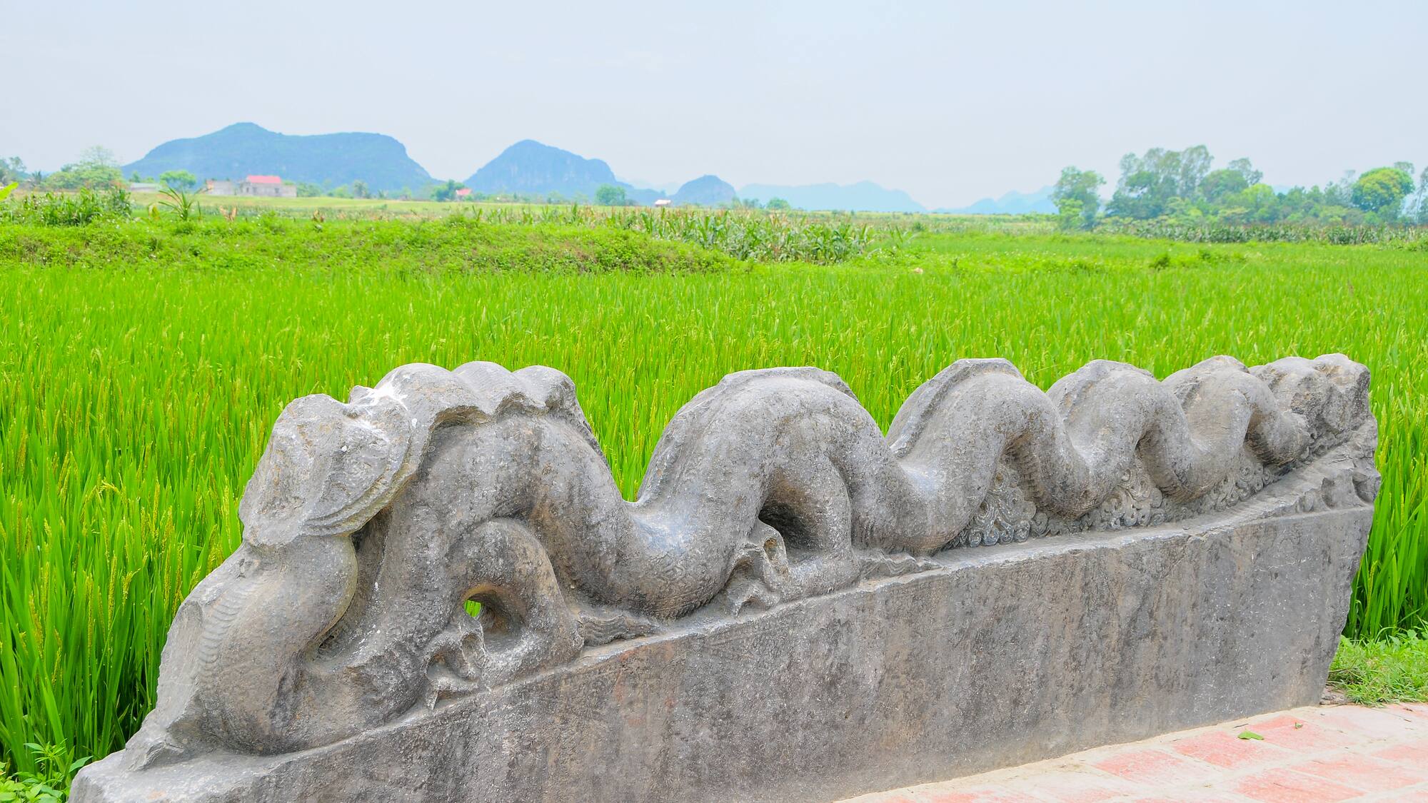 a stone dragon sculpture in front of a green field