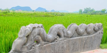 a stone dragon sculpture in front of a green field