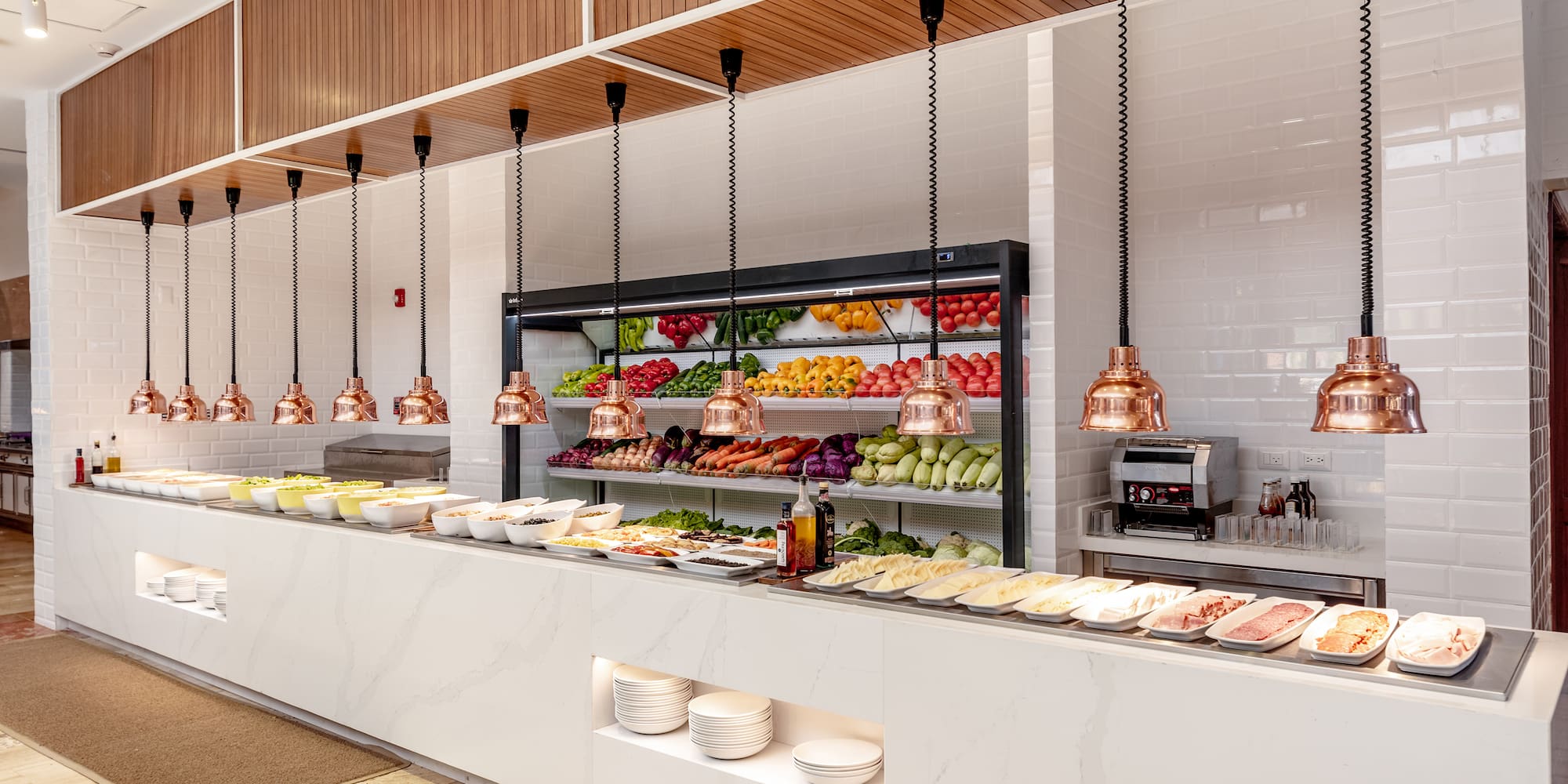 a food buffet with different types of food on shelves