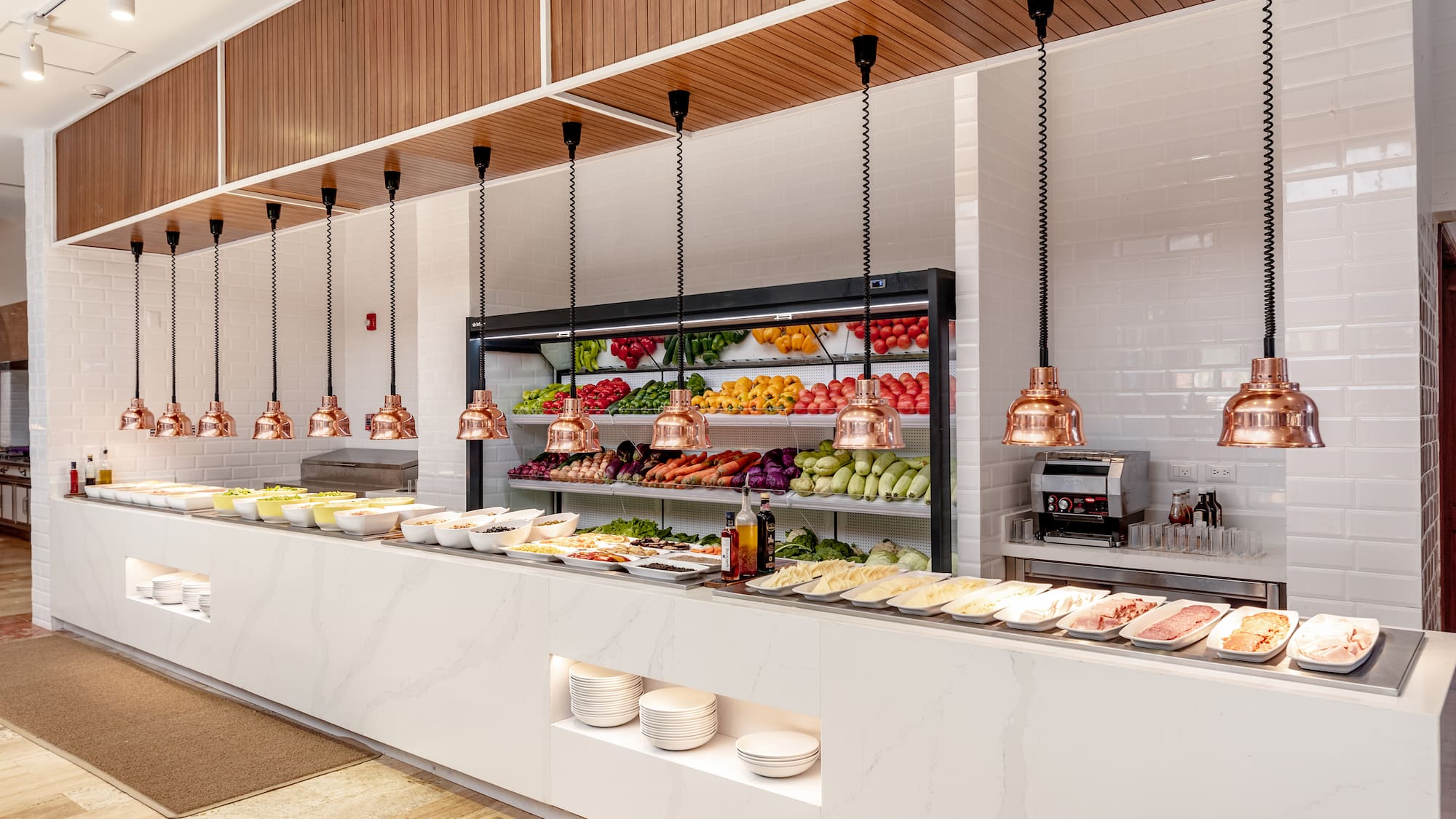 a food buffet with different types of food on shelves