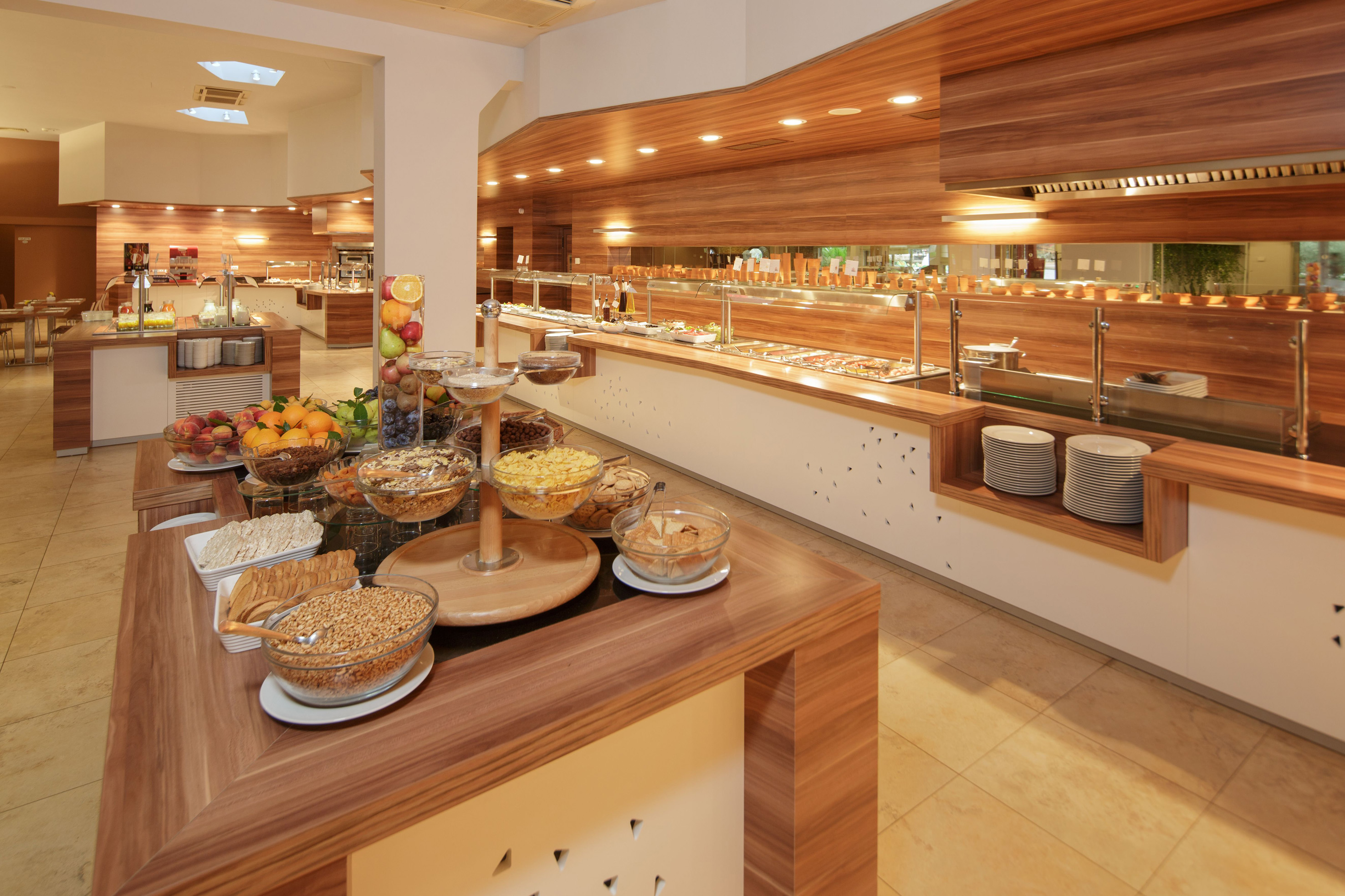 a buffet with food on the counter