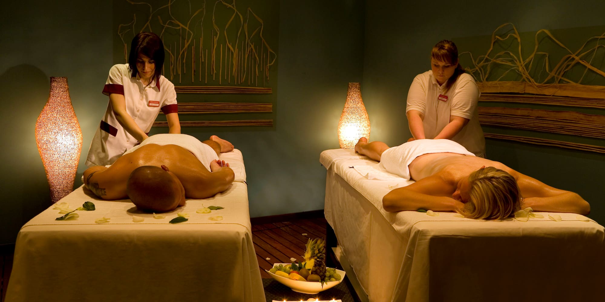 a group of people getting a massage