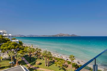 a beach with palm trees and a body of water
