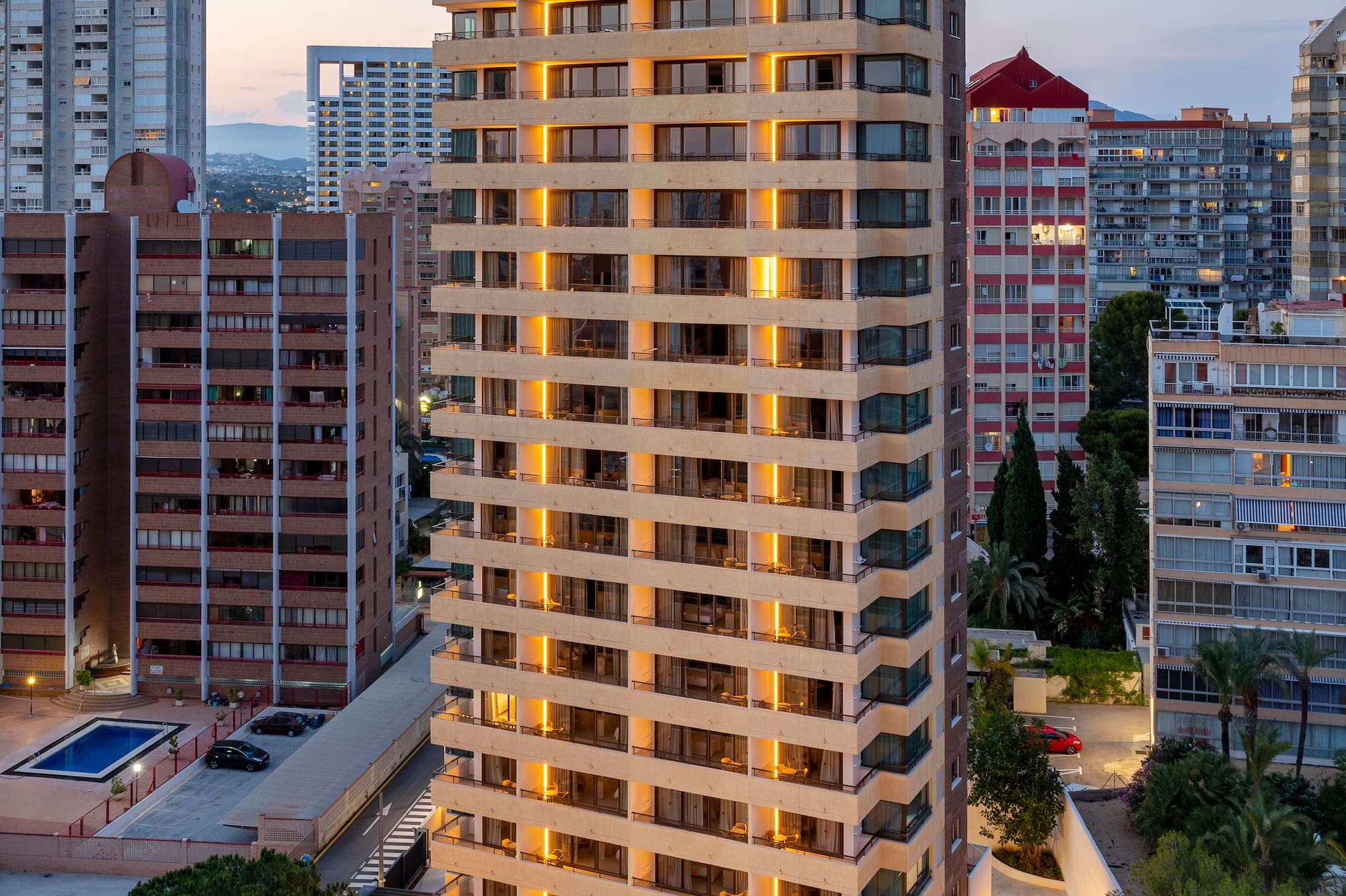 a tall building with lights on it