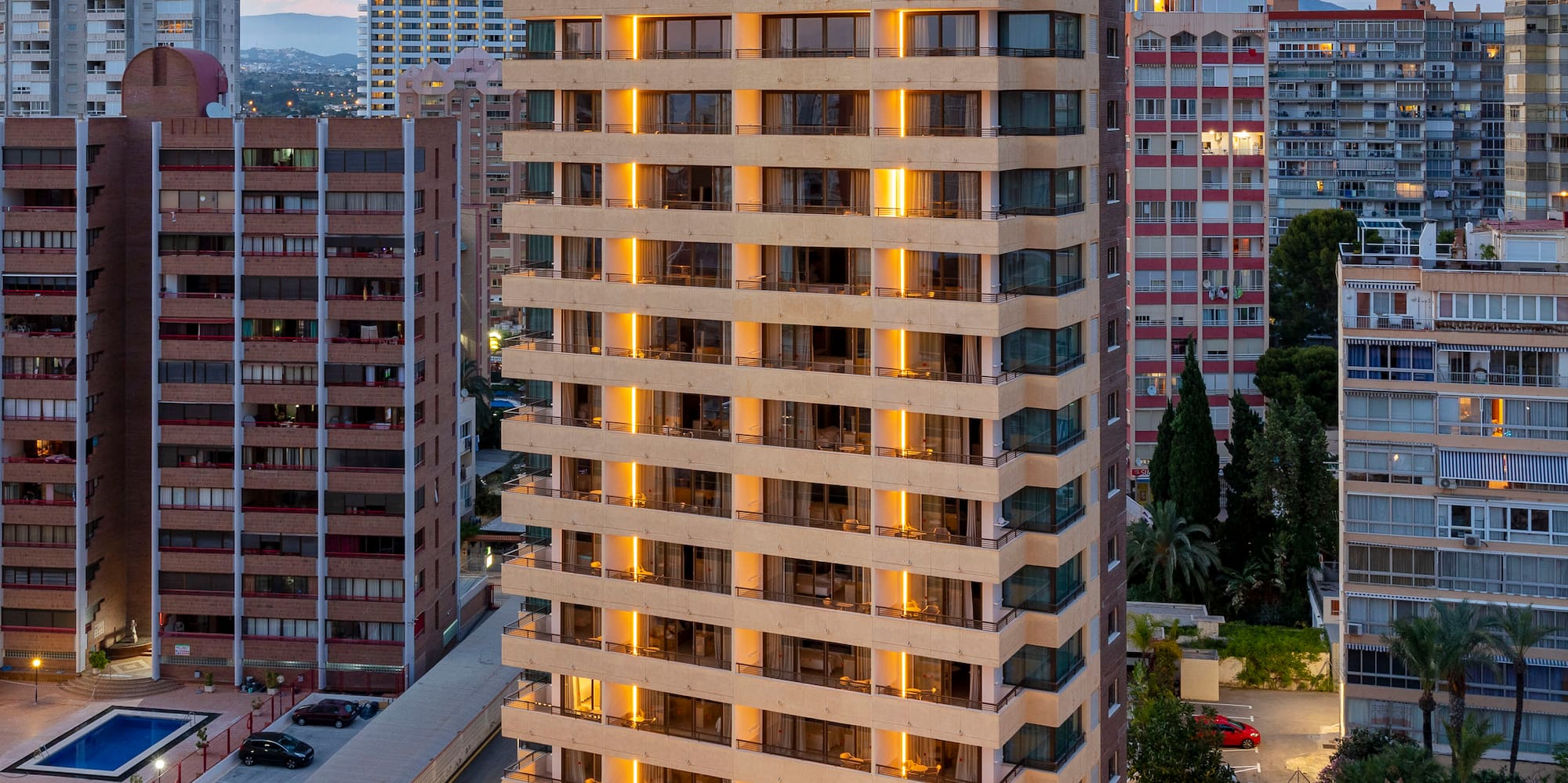 a tall building with lights on it