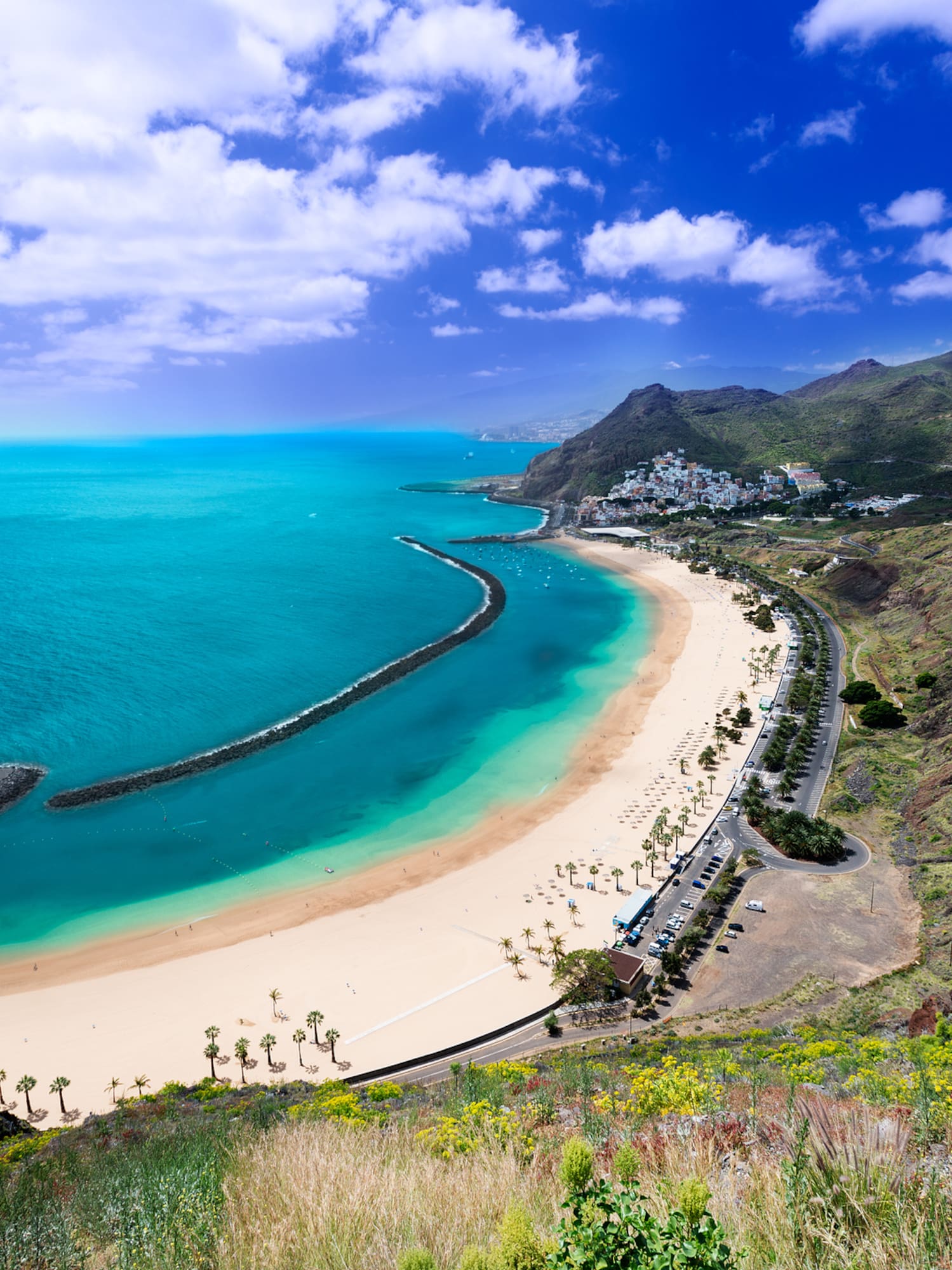 a beach with a body of water and mountains