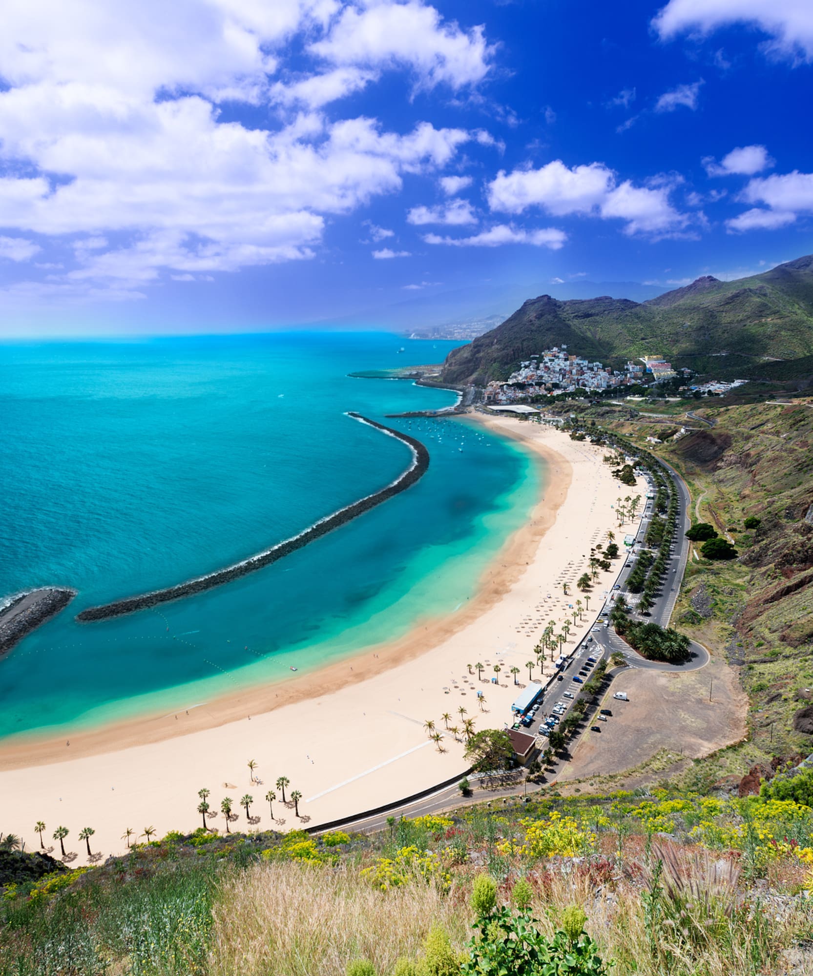 a beach with a body of water and mountains