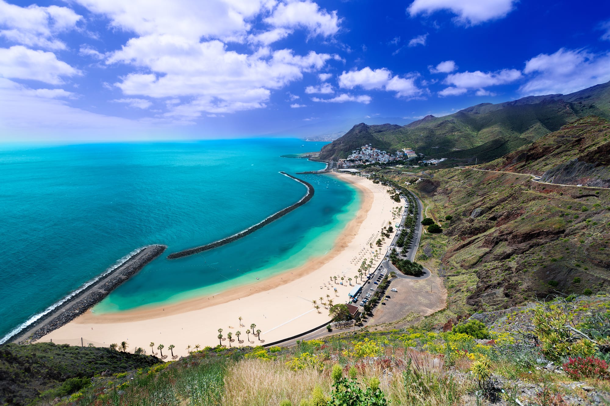 a beach with a body of water and mountains
