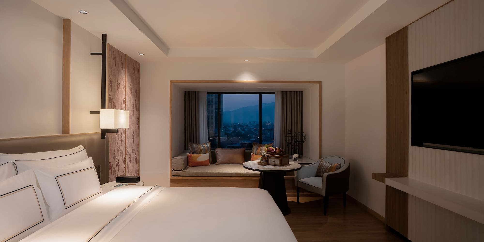 a room with a bed and a table