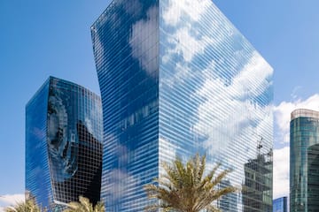 a tall glass building with palm trees