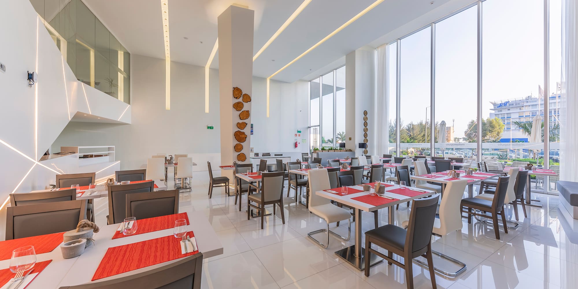 a large room with tables and chairs