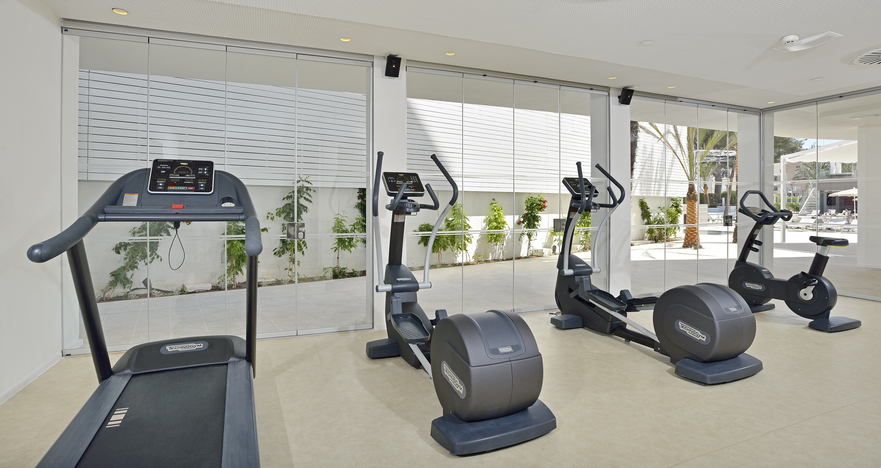 Clean, modern resort gym with Technogym cardio machines and glass windows.
