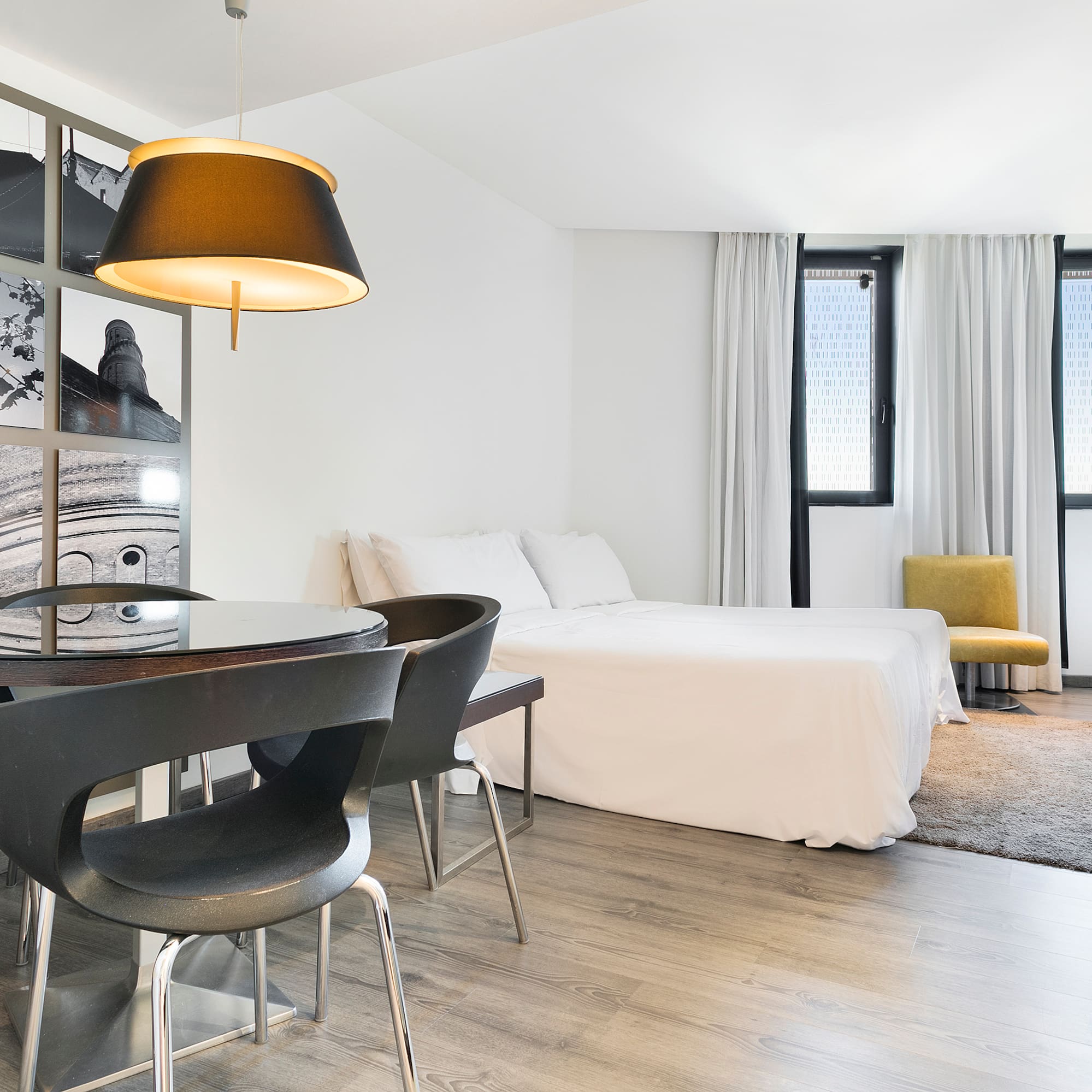 a room with a bed and a table