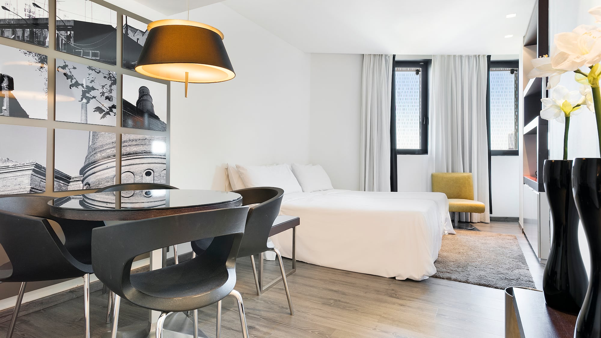 a room with a bed and a table