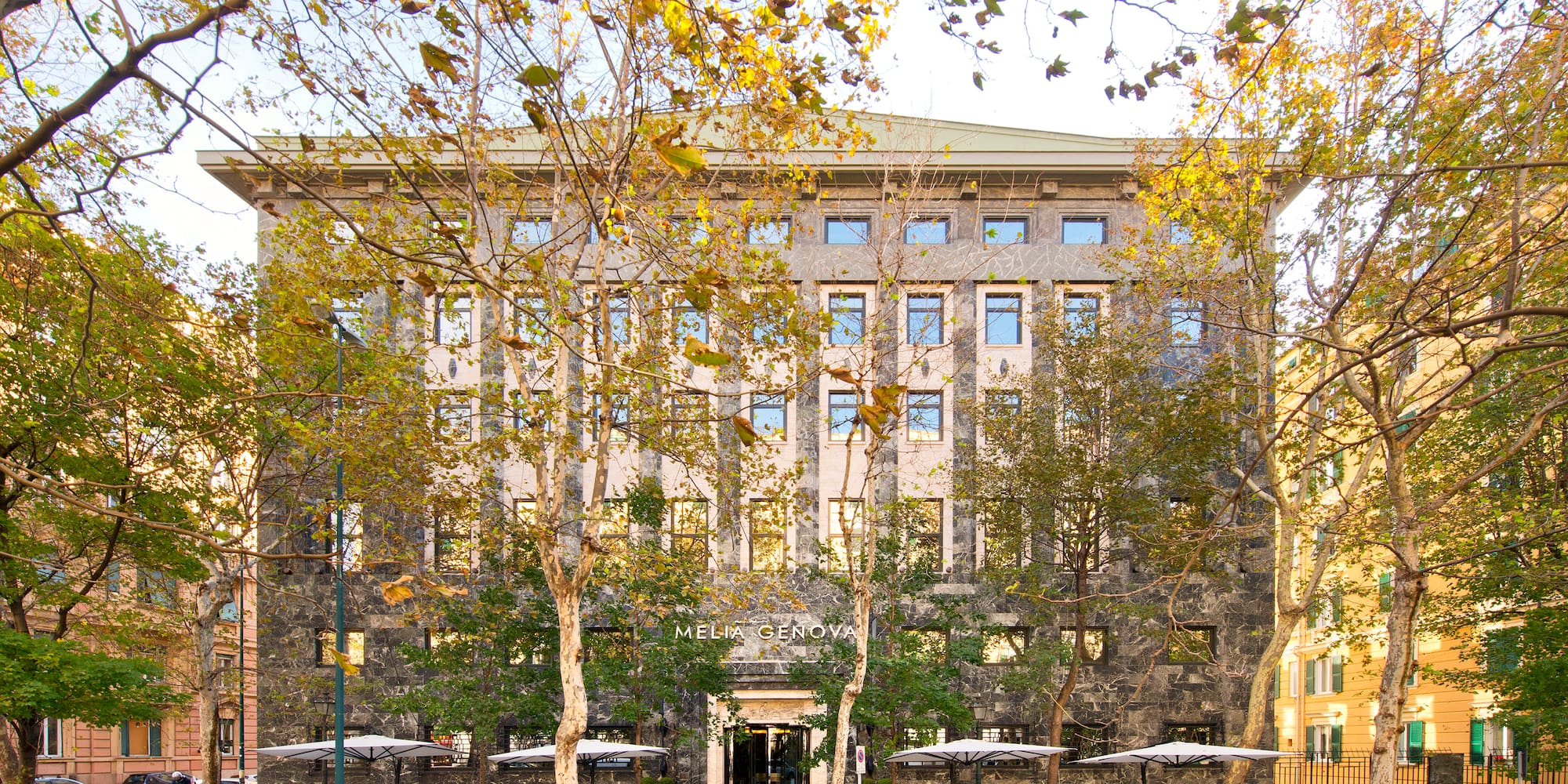 a building with trees around it