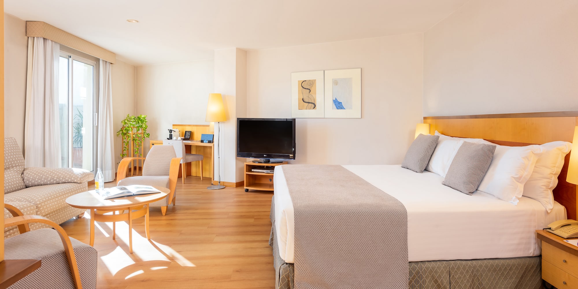 a room with a bed and a television