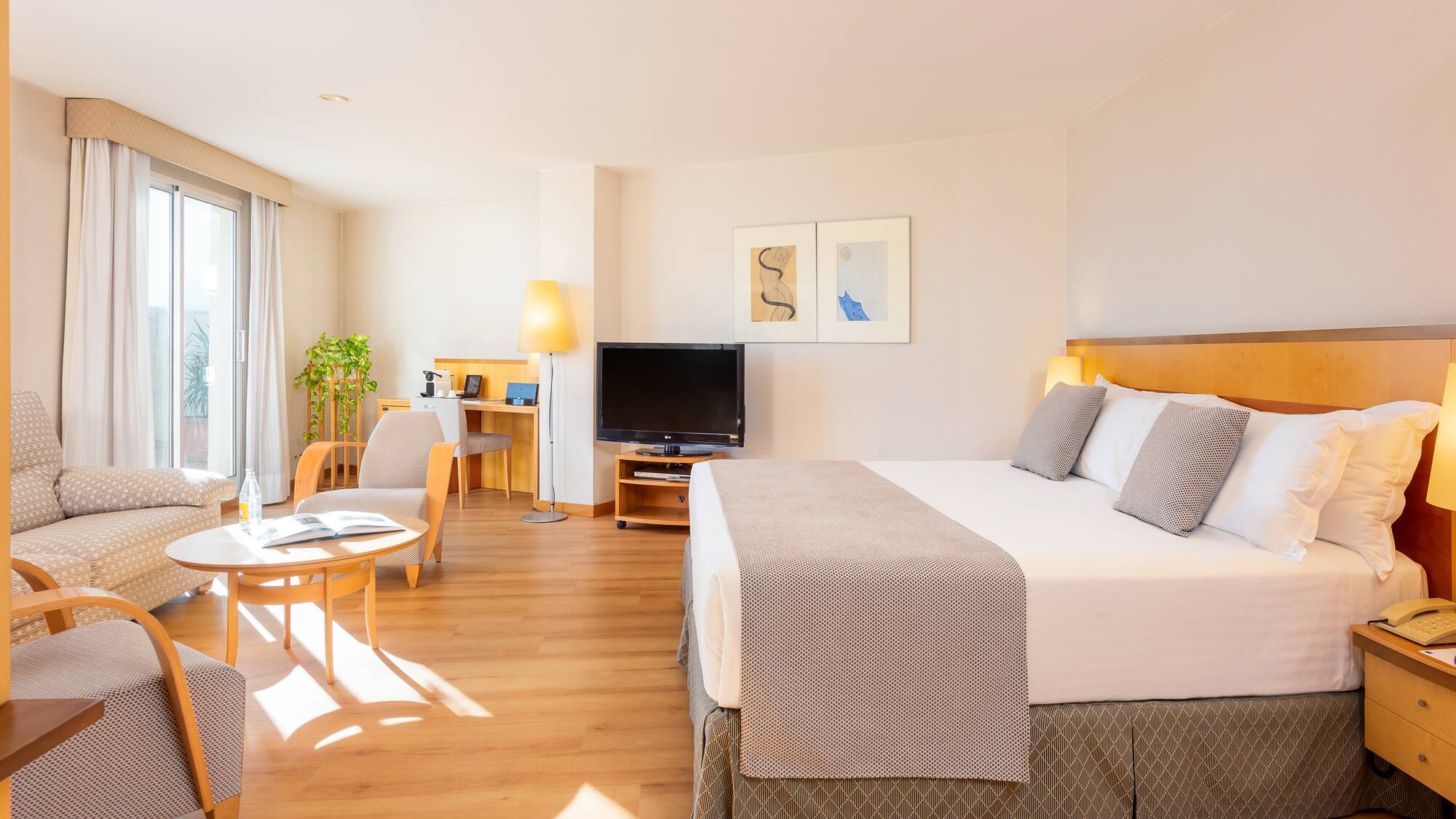 a room with a bed and a television