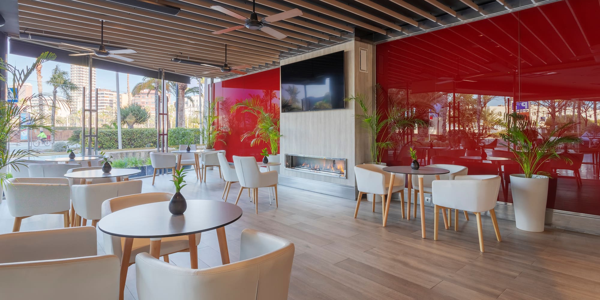 a room with tables and chairs